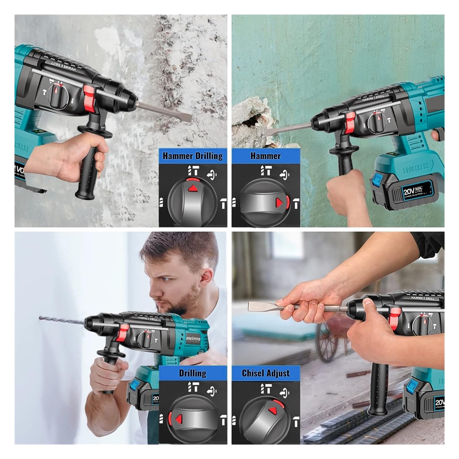 Llave de Impacto Juego De Herramientas Sin Escobillas 4 Uds. Taladro Eléctrico 172 + Llave De Impacto 2 En 1 + Sierra Circular Eléctrica + Taladro De Martillo Eléctrico(Two Big Battery)