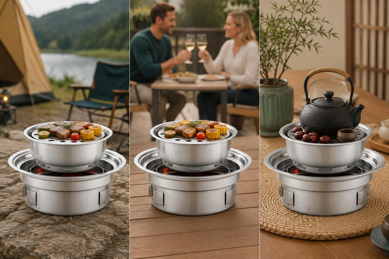 Barbacoa Carbón Portátil, Parrilla Acero Inoxidable Camping, Mini Barbacoa Humareda, Estufa Té Exterior, 40cm