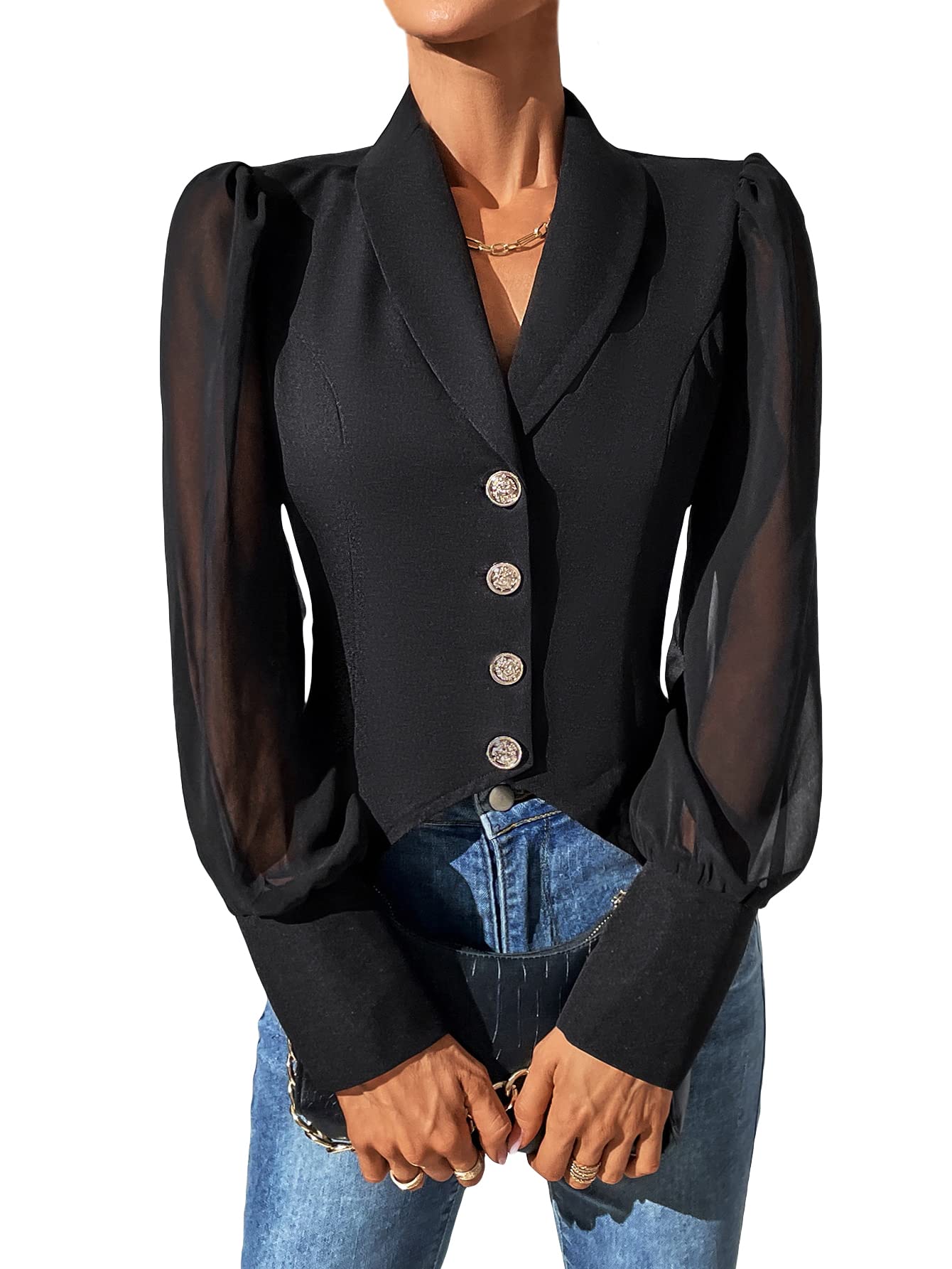 WDIRARA Womens Mesh Sheer Bishop Sleeve Shawl Collar Button Front Casual Jacket Blazer