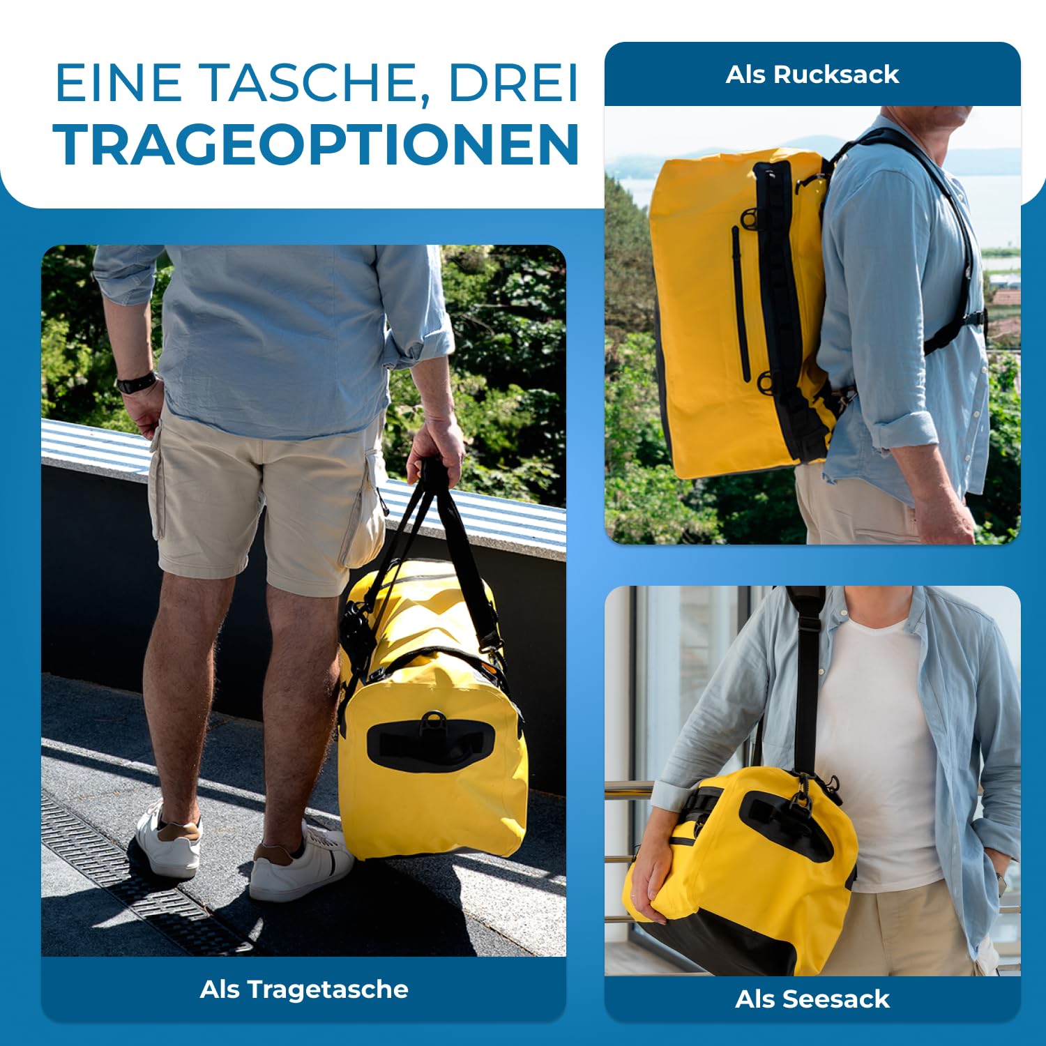 STYNGARD Reisetasche wasserdicht mit Rucksackfunktion [60l] - Sporttasche mit Rucksackfunktion wasserdichtes Material - 3in1 Duffle Bag 60l als Segeltasche und Seesack - Modell Hamburg (Gelb, 60L)