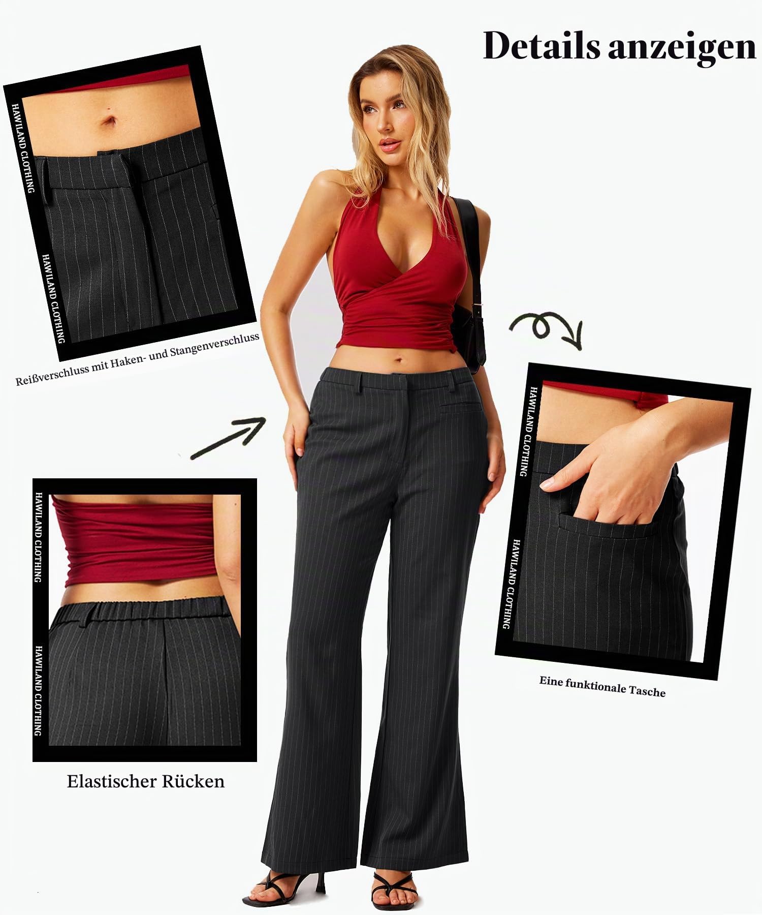 HAWILAND Gestreifte Anzughose Damen Elegant Flared Stoffhose High Waist Nadelstreifen Bussiness Casual Chino Hose