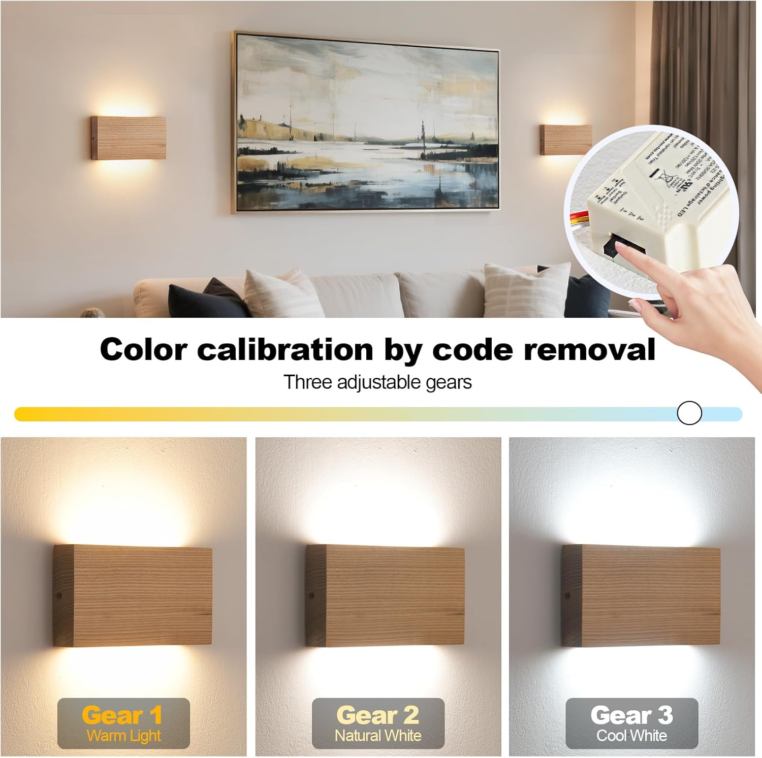 Wood Wall Sconce Indoor Wall Lights Hardwired 1 Pack Up and Down Wall Mount Light for Living Room Bedroom Hallway Corridor Conservatory Cool White 3000K(with led 4000K and 6000k)