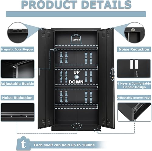 Miniatura 28 de Armario de almacenamiento de metal con puertas con cerradura y 2 estantes ajustables, gabinetes de metal de 71 pulgadas de alto, armarios de garaje,