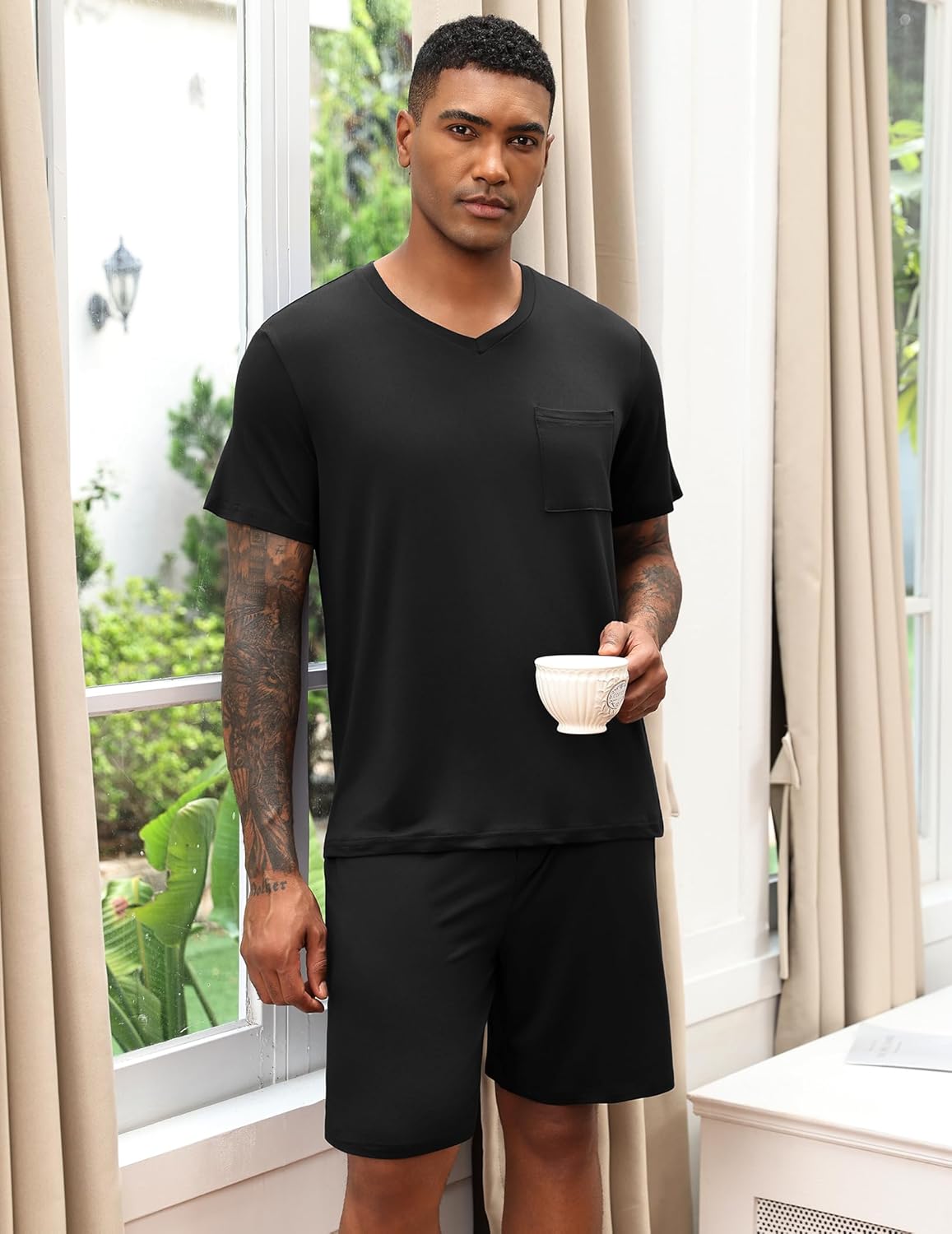Ekouaer Mens Pajamas Set Soft Lounge Set V Neck Sleep Nightwear Short Sleeve Pjs with Pocket S-XXL - Image 5