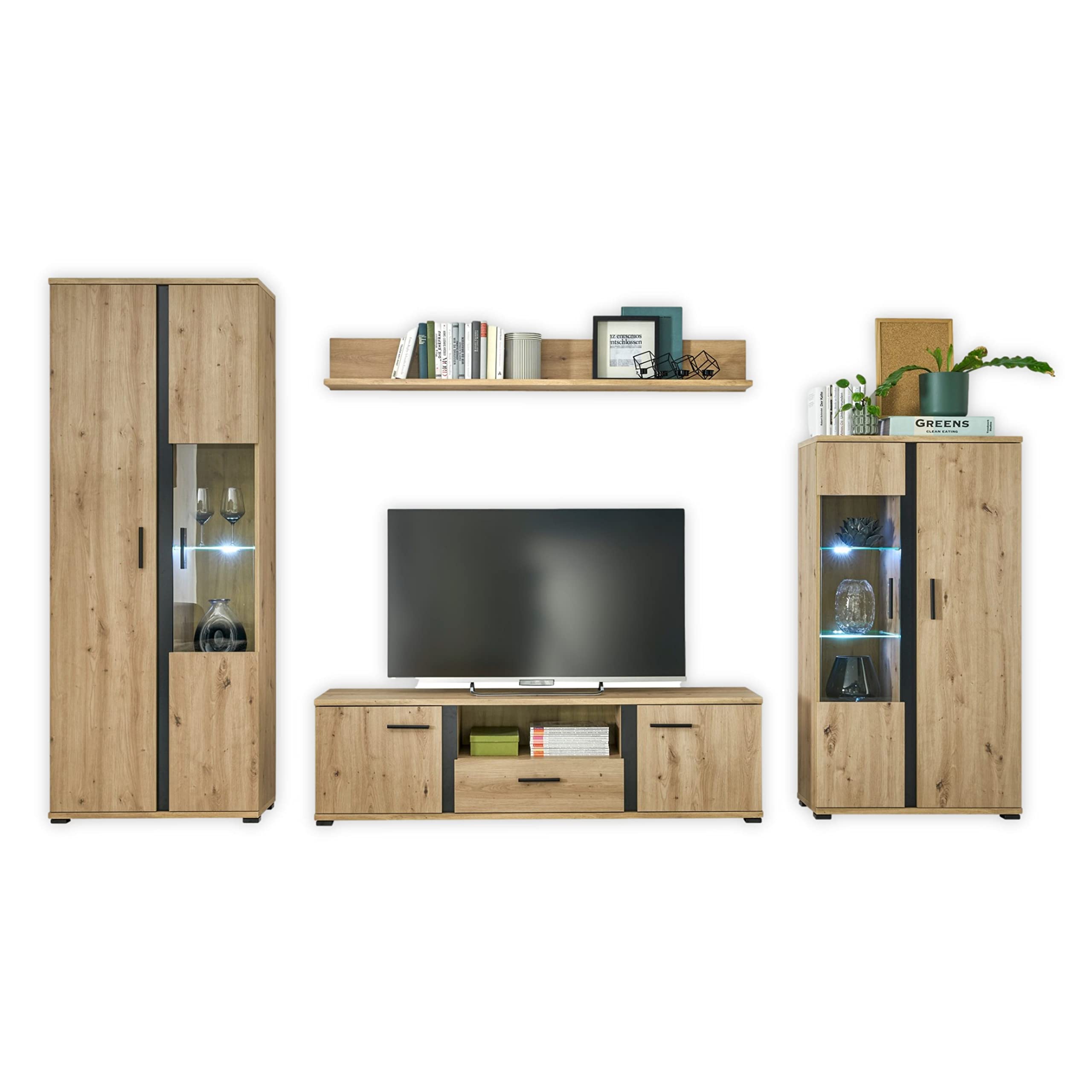 KANADA Wohnwand Komplett-Set in Artisan Eiche Optik, Schwarz – Modernes Wohnzimmermöbel mit Beleuchtung