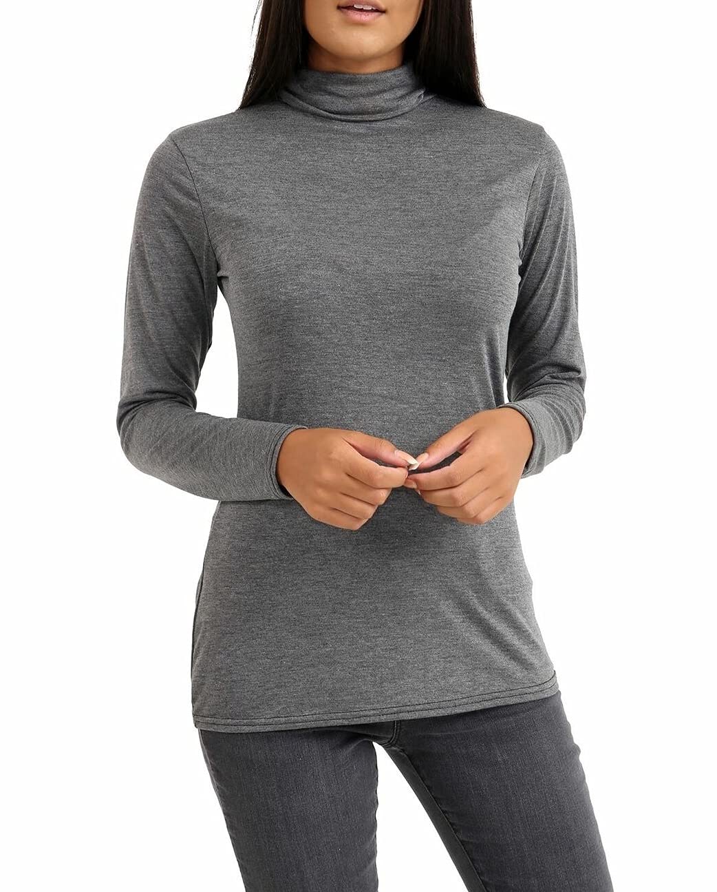Ladies Women Basic Long Sleeve Plain Polo Turtle Neck Ladies Stretch Plus Size Top T Shirt (Charcoal, XXL)