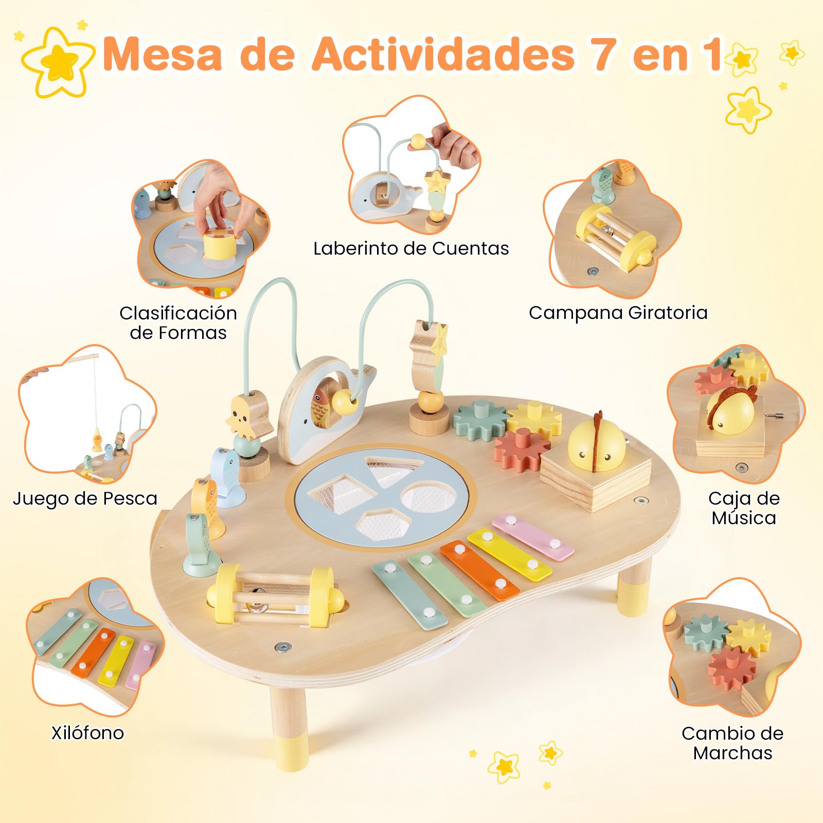COSTWAY 7 en 1 Mesa de Actividades para Niños, Juguete Sensorial Montessori, Mesa de Juegos de Madera con Laberinto de Cuentas, Xilófono, Juguete Educativo para Bebe de 12+Meses