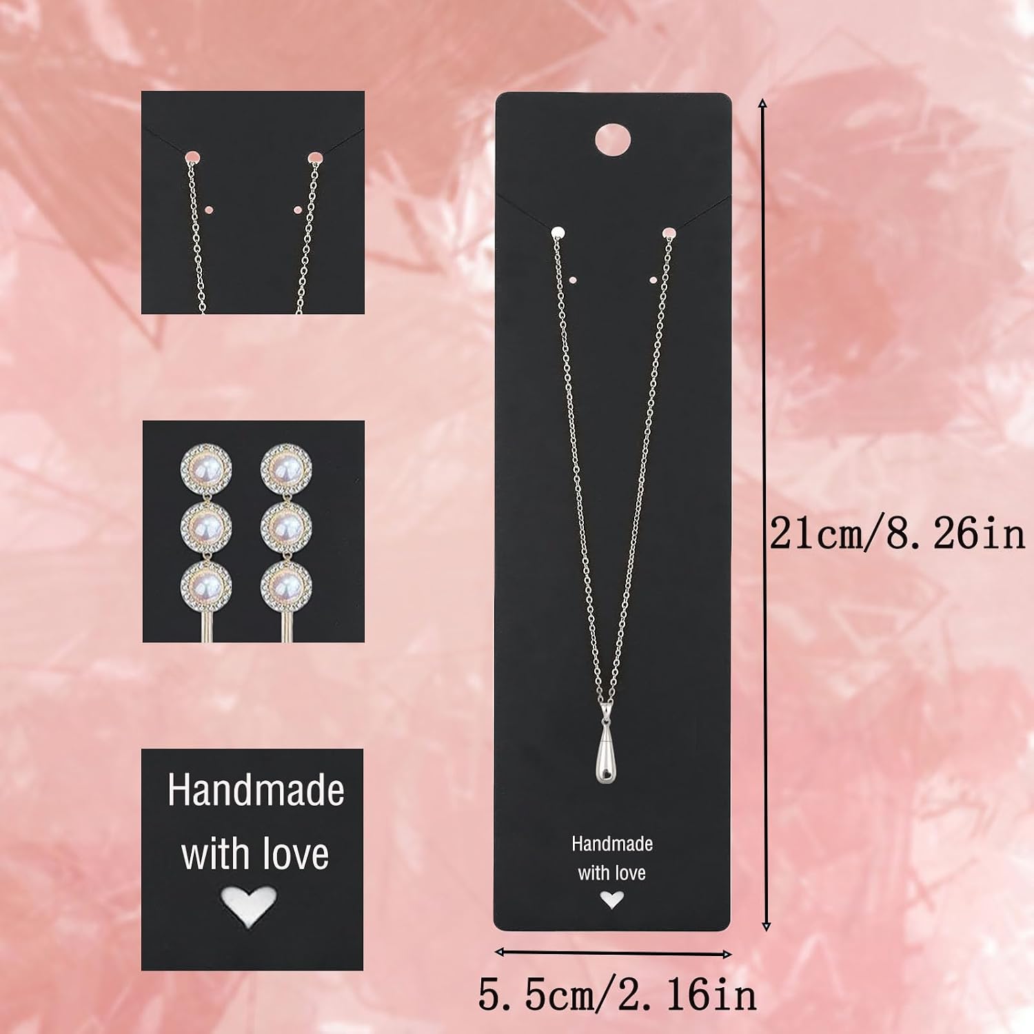 100PCS Black Necklace Display Cards, 2.16'' x 8.27'' Long Jewelry Holder, Handmade With Love Earring and Necklace Holders, Hanging Tags for Selling
