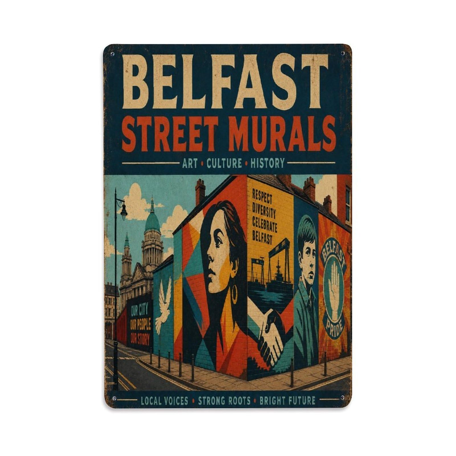 Belfast Historic Murals Ireland Street Culture Metal Tin Sign Plaque Wall Decor for Cafe, Man Cave, Club Bar, Office, Home Garden Round Metal Poster 8x12Inch