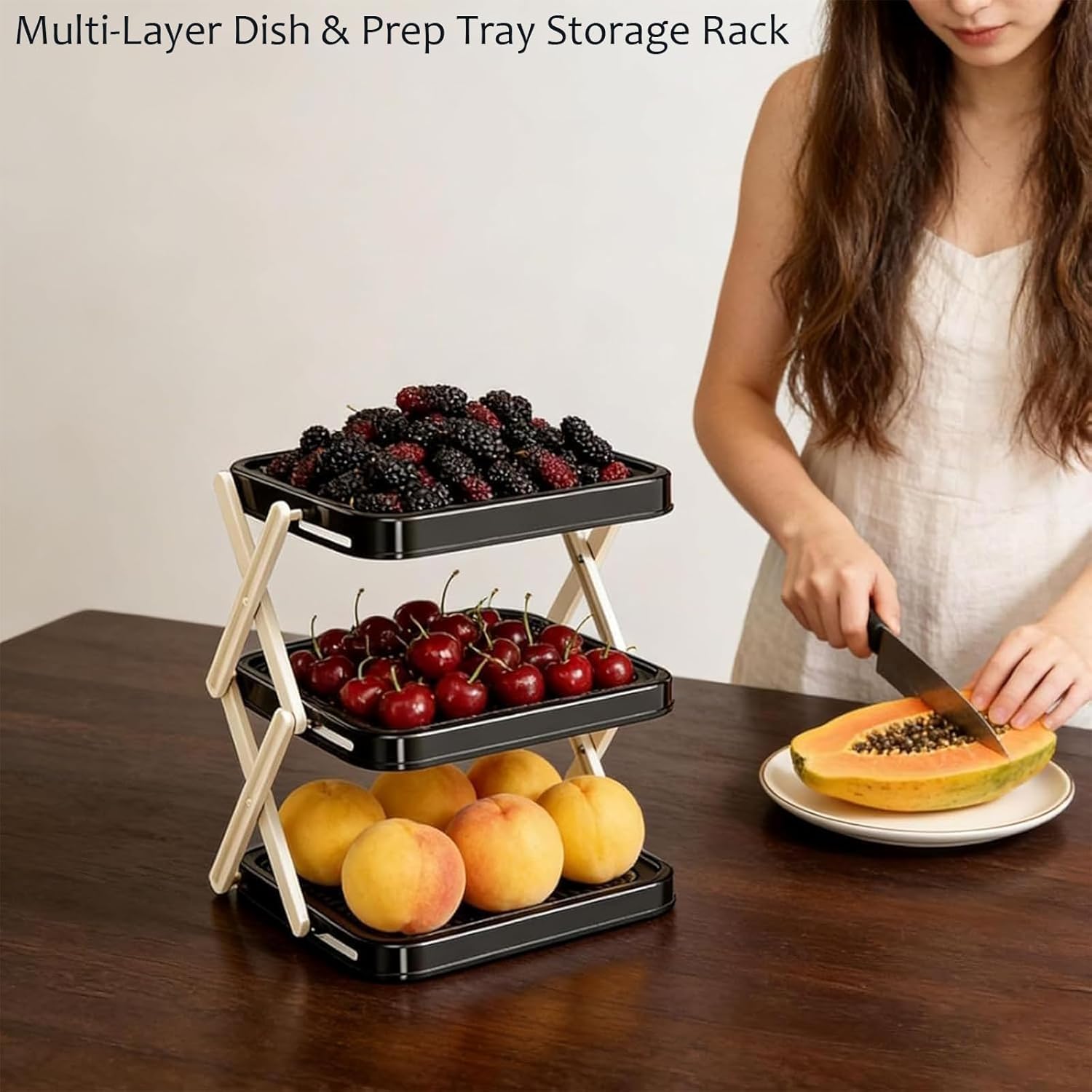 Multi-Layer Dish & Prep Tray Storage Rack, 2026 New Multifunctional Foldable Vertical Plate Racks for Cabinet, Vegetable Plate Display Rack Organizer Dish, for Kitchen Organization (White)