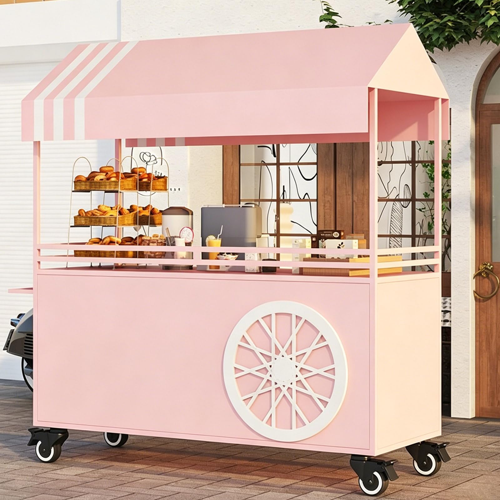 Mobiler Verkaufswagen mit Sonnendach, Street Food Wagen aus Eisen mit Stauraum und Rädern, Verkaufsstand für Markt, Süßigkeiten, Desserts und Events pink 140cm/55.1in