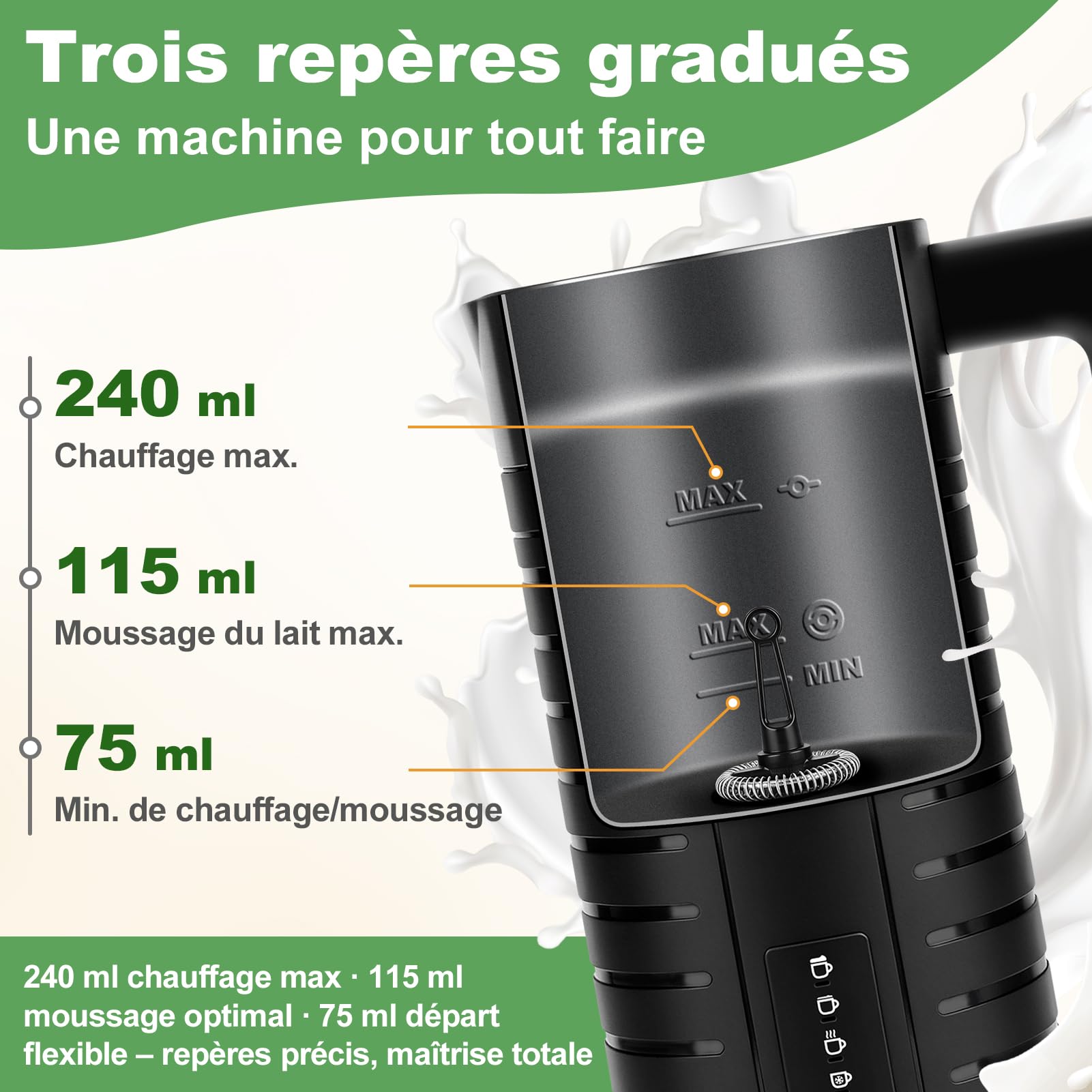Mousseur à lait électrique 4-en-1, Lave-vaisselle, silencieux <50dB