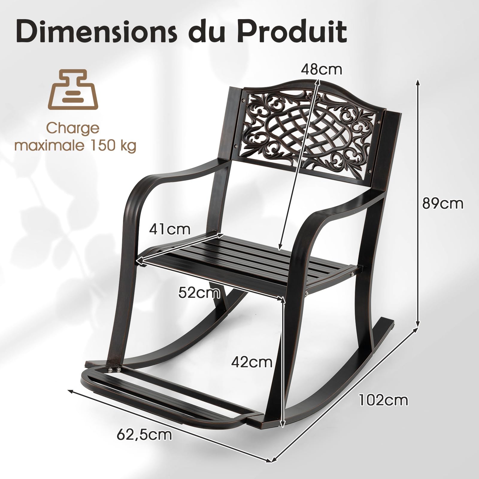 COSTWAY Fauteuil a Bascule Exterieur en Aluminium Coulé, Chaise a Bascule avec Repose-Pied, Dossier à Motifs, Siège à Lattes, Rocking Chair Extérieur pour Jardin Porche, Charge 150kg, 102x62,5x89 cm