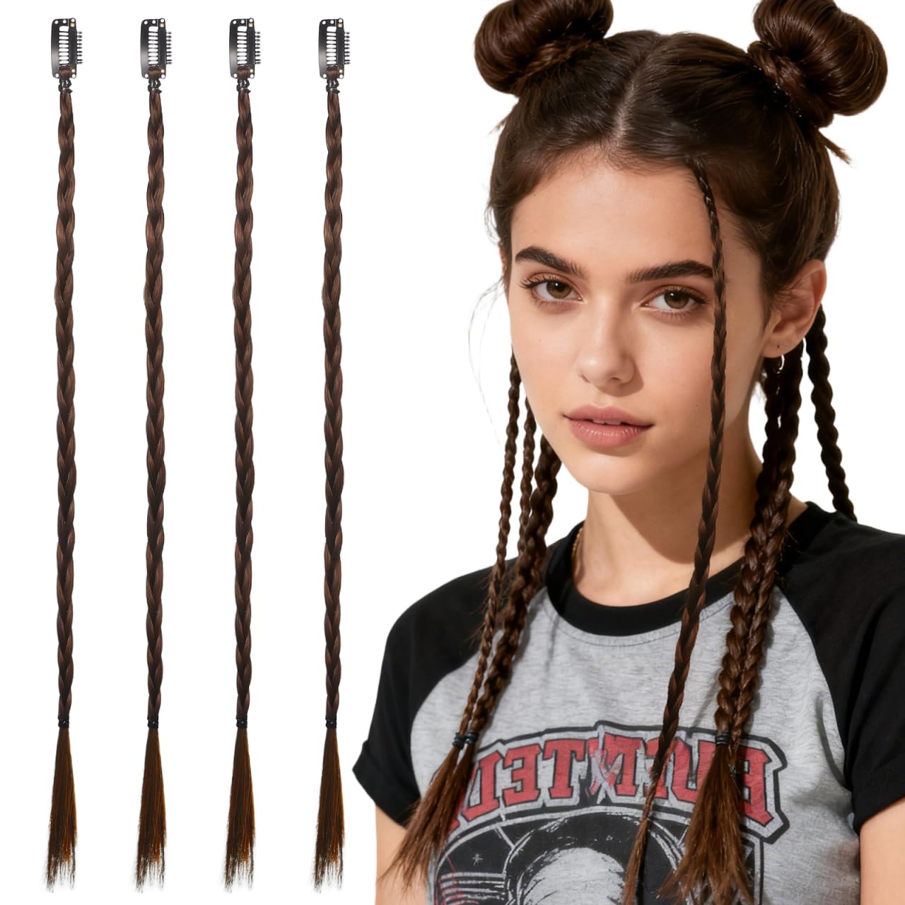 NUOBESTY Lot de 4 Extensions de Queue de Cheval Tressée Longue en Fibres Synthétiques Naturelles Couleur Châtain Clair Extension de Cheveux Tressés pour Femmes Coiffure et Décoration