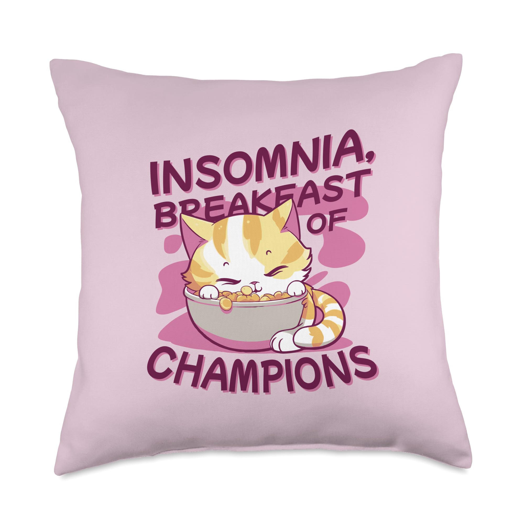 Insomnia for Cat Champions - Breakfast Designs Cute Kitten Having Breakfast-Cat are Sleeping Champions Throw Pillow, 18x18, Multicolor