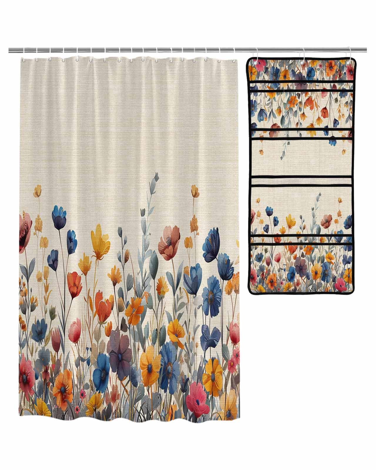 Floral Shower Curtain Mesh Shower Organizer Hanging Set Blue and Yellow Poppy Watercolor Plants Retro Linen Waterproof Shower