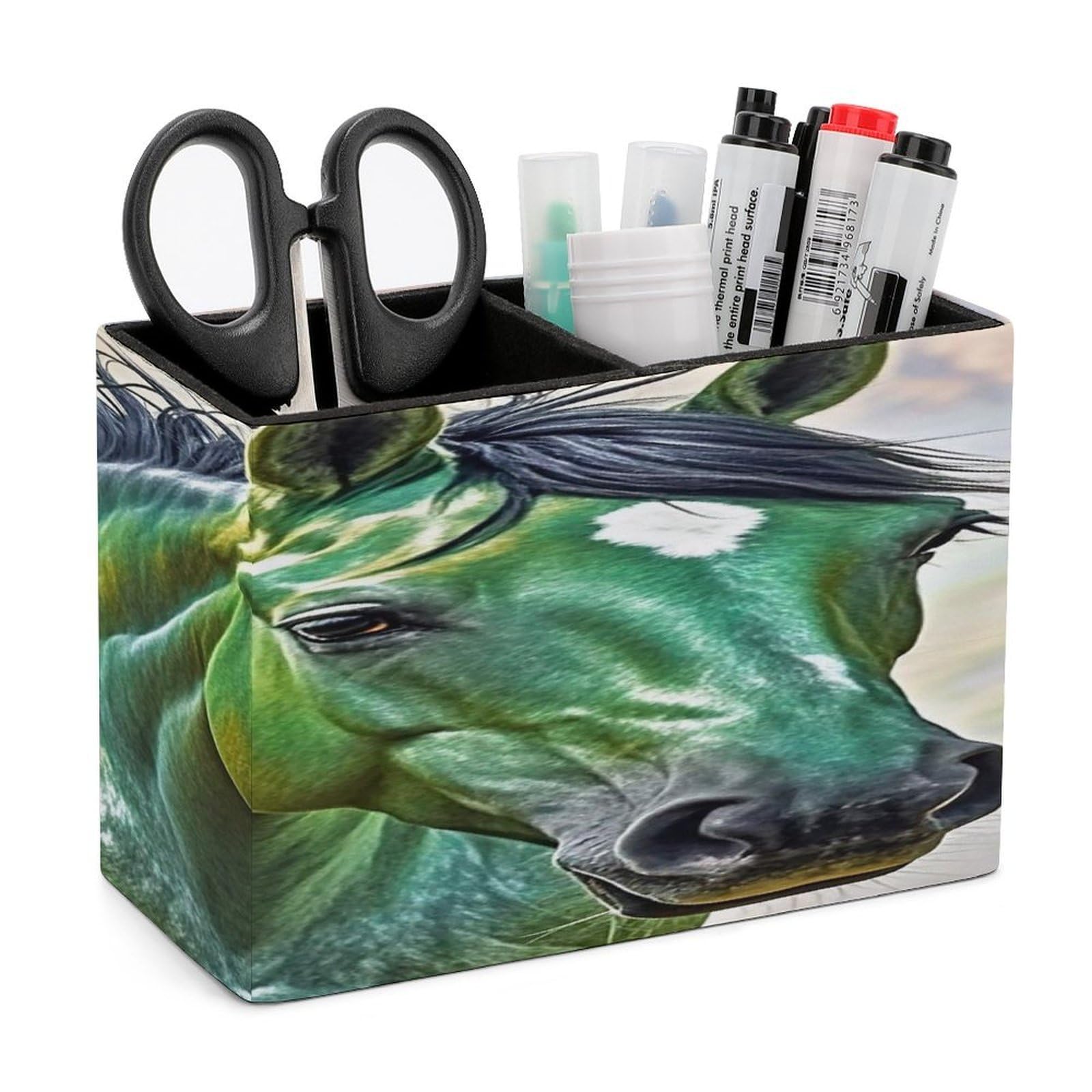 LZQPOEAS Green Horse Leather Pen Holder with 2 Compartments Luxury Pencil Holder Minimalist Pencil Cup Brush Scissor Holders Elegant Pen Cup for Office Home Desk Accessories