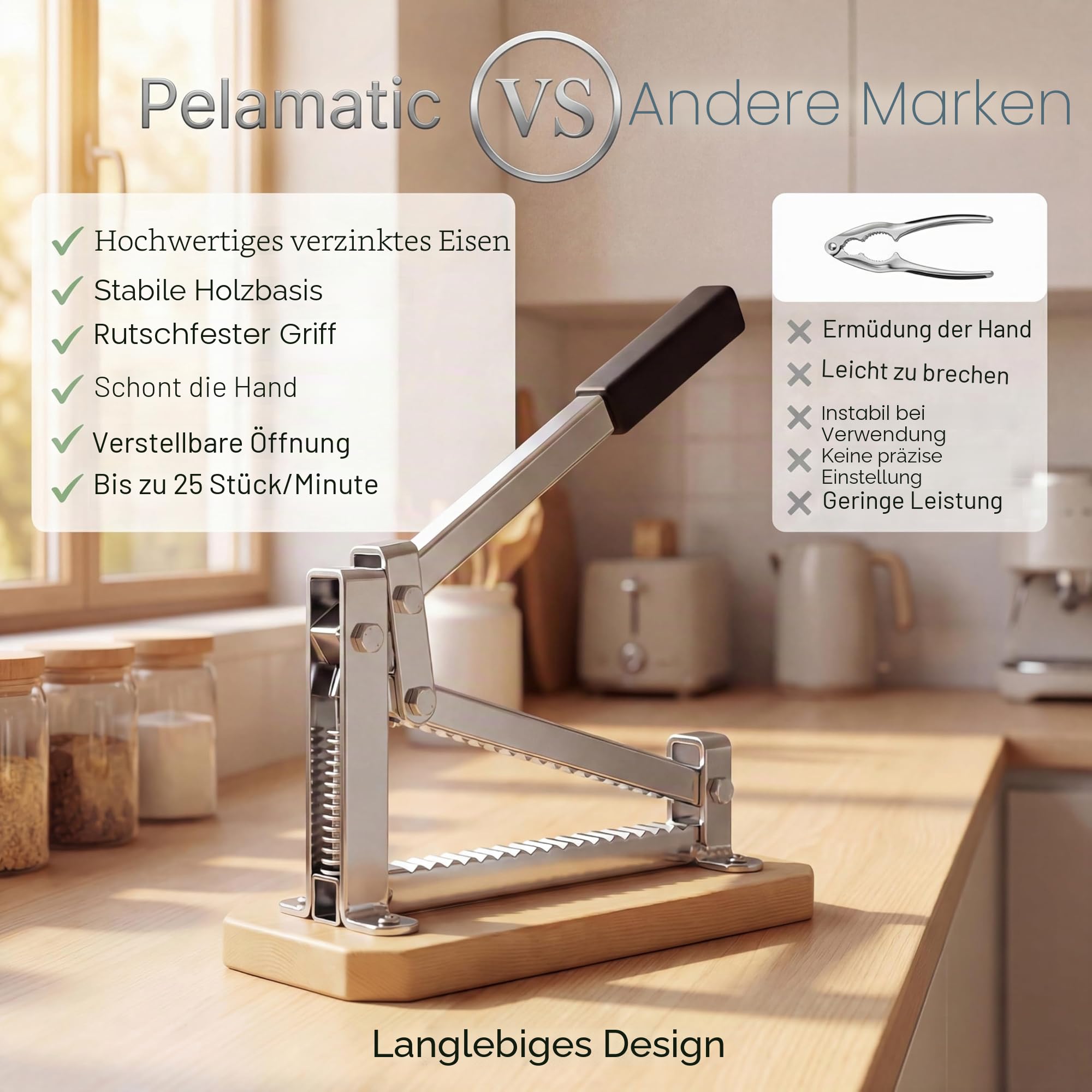 pelamatic - Nussknacker RAM-002 | Einstellbar für Mandeln & Walnüsse | Kompakt & Dekorativ | Stabil aus Eisen & Holz | Vielseitiger Küchenhelfer, Metal, Eisen Holz