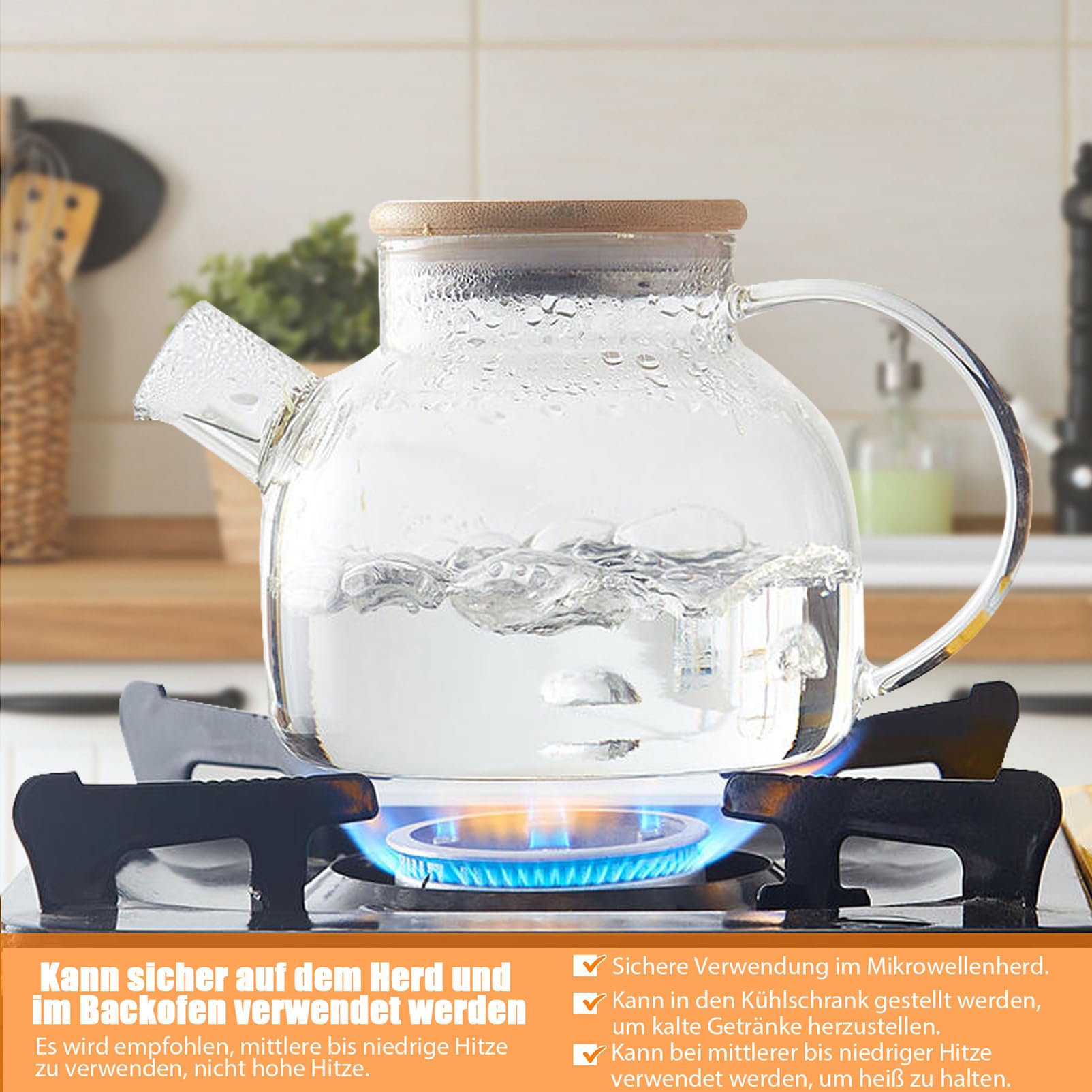 Teiera con colino, 1000 ml, in vetro con coperchio in legno, resistente al calore, con filtro rimovibile, design moderno ed elegante per tè, tè e succo di fiori
