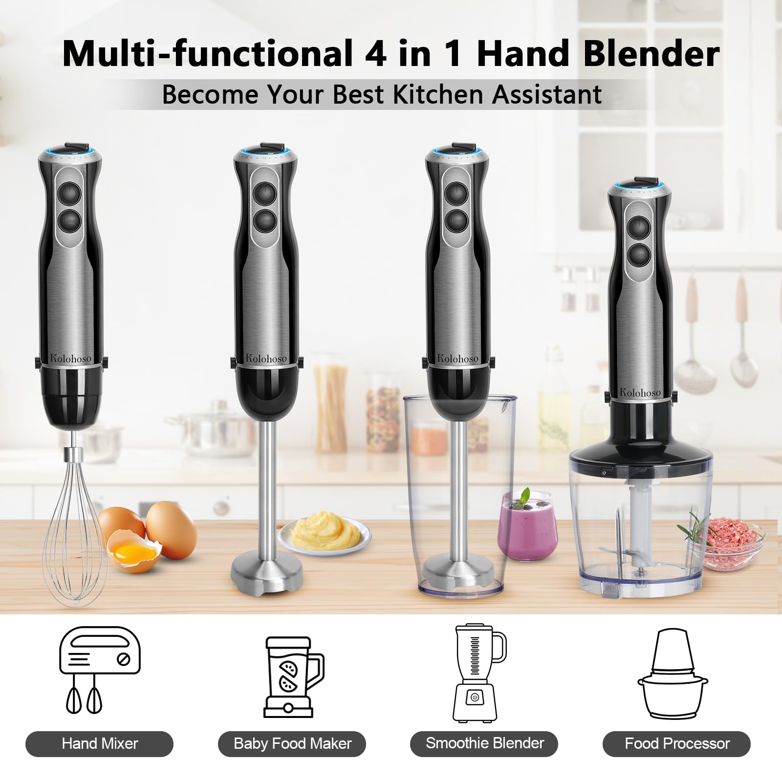 Kolohoso 1500W Frullatore a Immersione, 4 in 1 Minipimer Acciaio Inox, Multifunzione Minipimer Immersione 20 Velocità Regolabili, Frullatore con Frusta, 600ml Misurino un 500ml Tritatutto, senza BPA