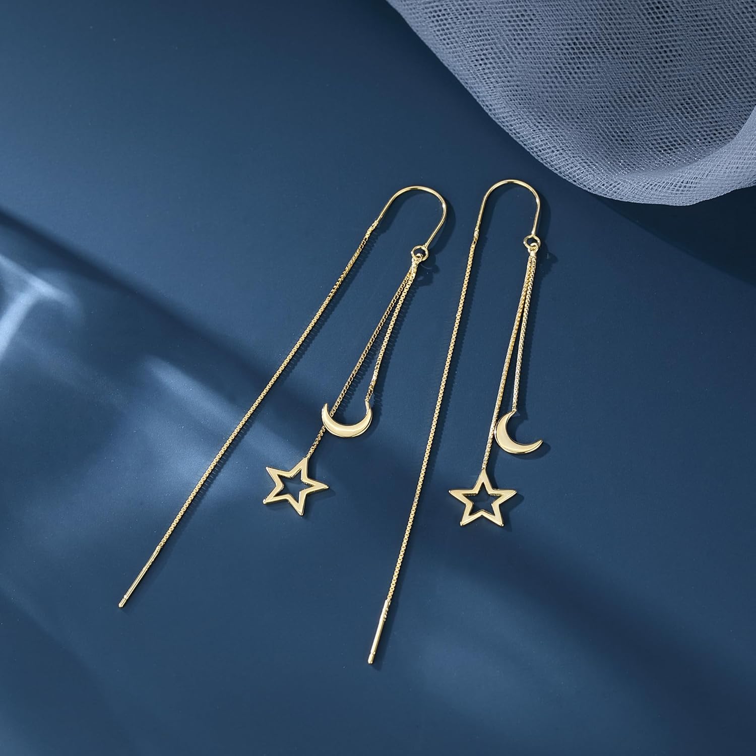 Reffeer Solid 925 Sterling Silver Moon Star Threader Dangle Earrings Chain for Women Teens Long Dangle Earrings Tassel Chain