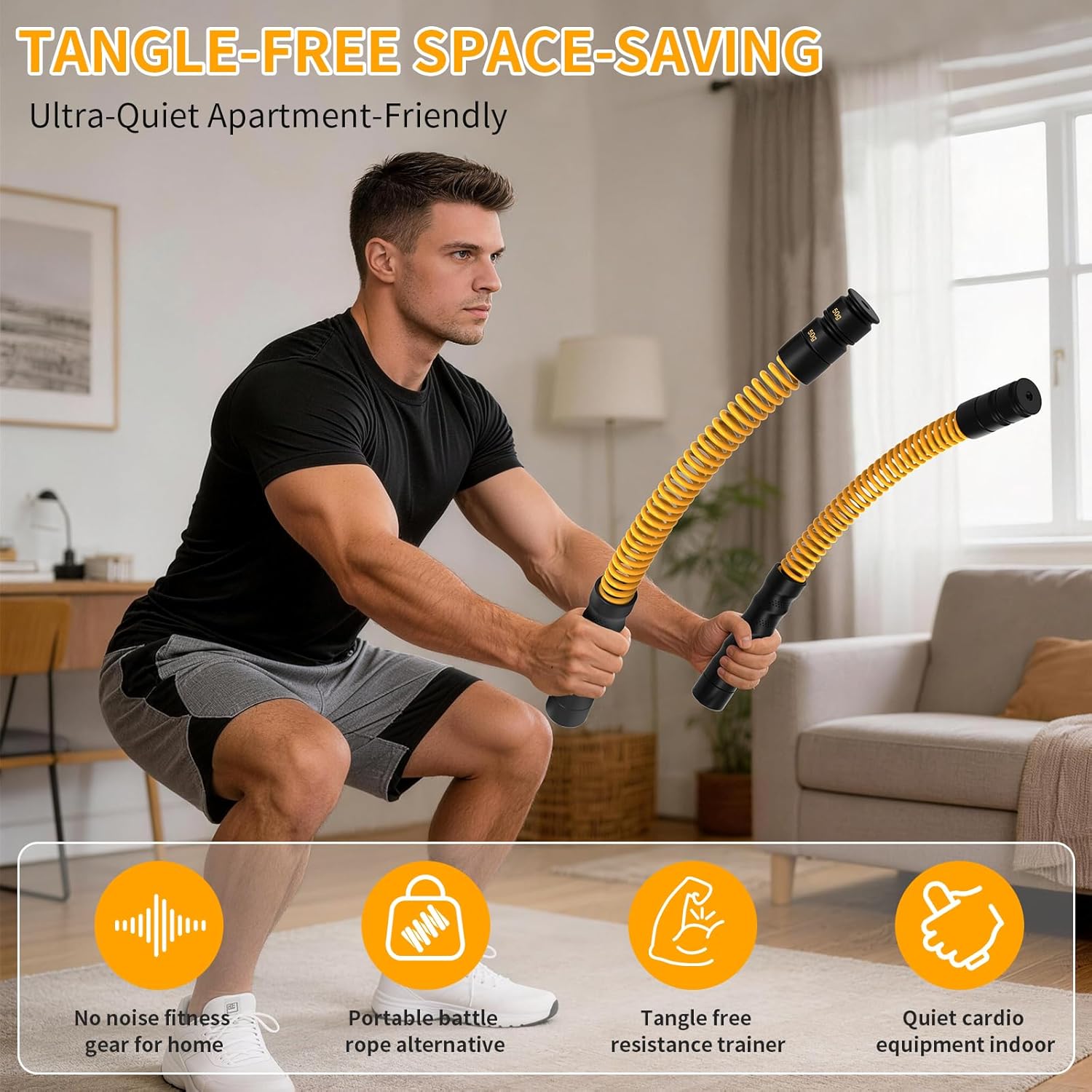 Heavy Duty Ropeless Battle Ropes 4.0, Portable Steel Core Exercise Ropes for Home Gym & Outdoor, Anti-Slip Ergonomic Handles for Strength Training, HIIT & Full Body Workout | Ideal for Men & Women