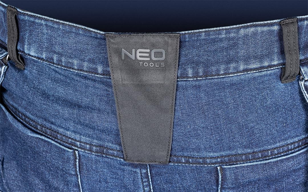 NEO TOOLS Pantalones de trabajo resistentes para hombre, de tela vaquera, 400 g/m², con bolsillos acolchados en las rodillas, refuerzos de cordura y porcentaje elástico