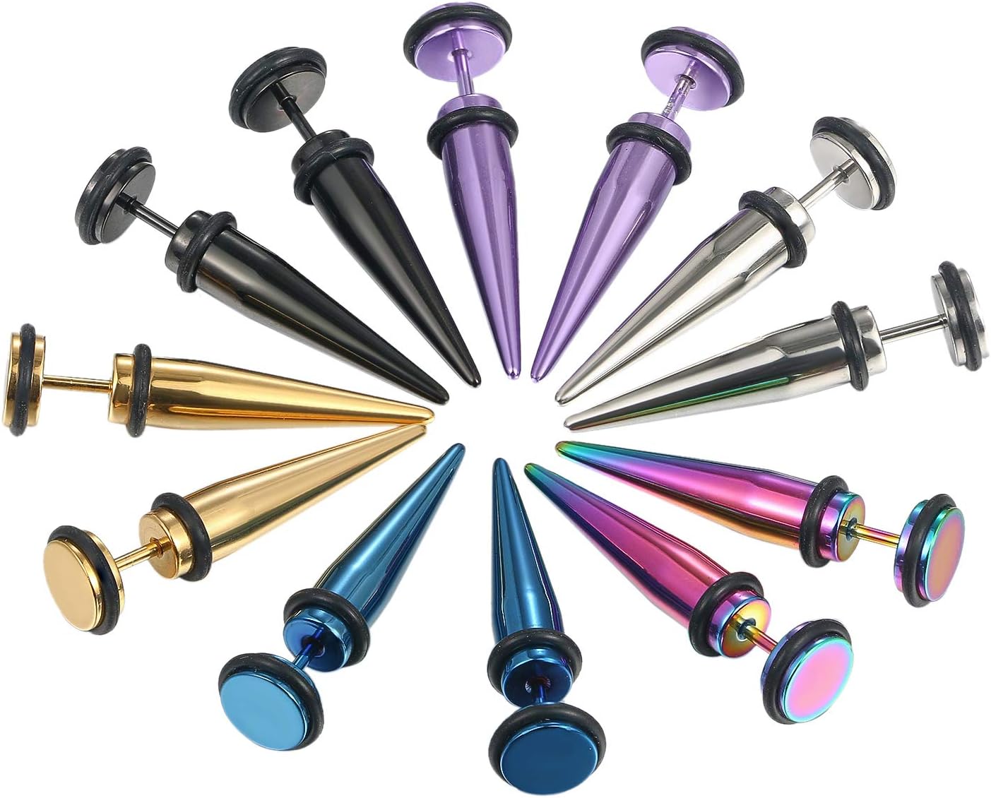12PCS Stainless Steel Fake Taper Earrings for Men Women Fake Illusion Tunnel Cheater Spike Earrings Fake Plug Earrings Piercing Jewelry