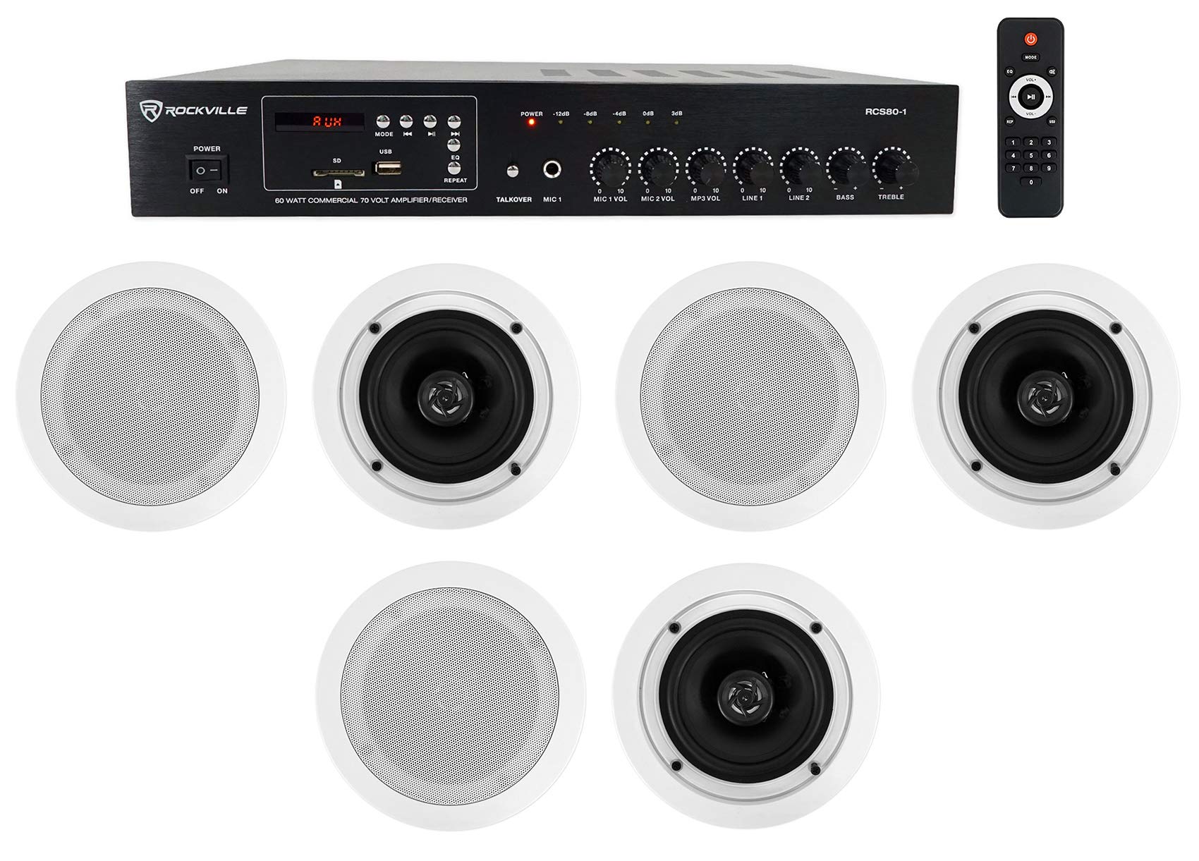Rockville RCS80-1 Bundle: 60-Watt 70V Bluetooth Home Audio Receiver Amplifier, (6) CC525T 5.25 in 70V in-Ceiling Speakers for Bedroom Living Room, 7-
