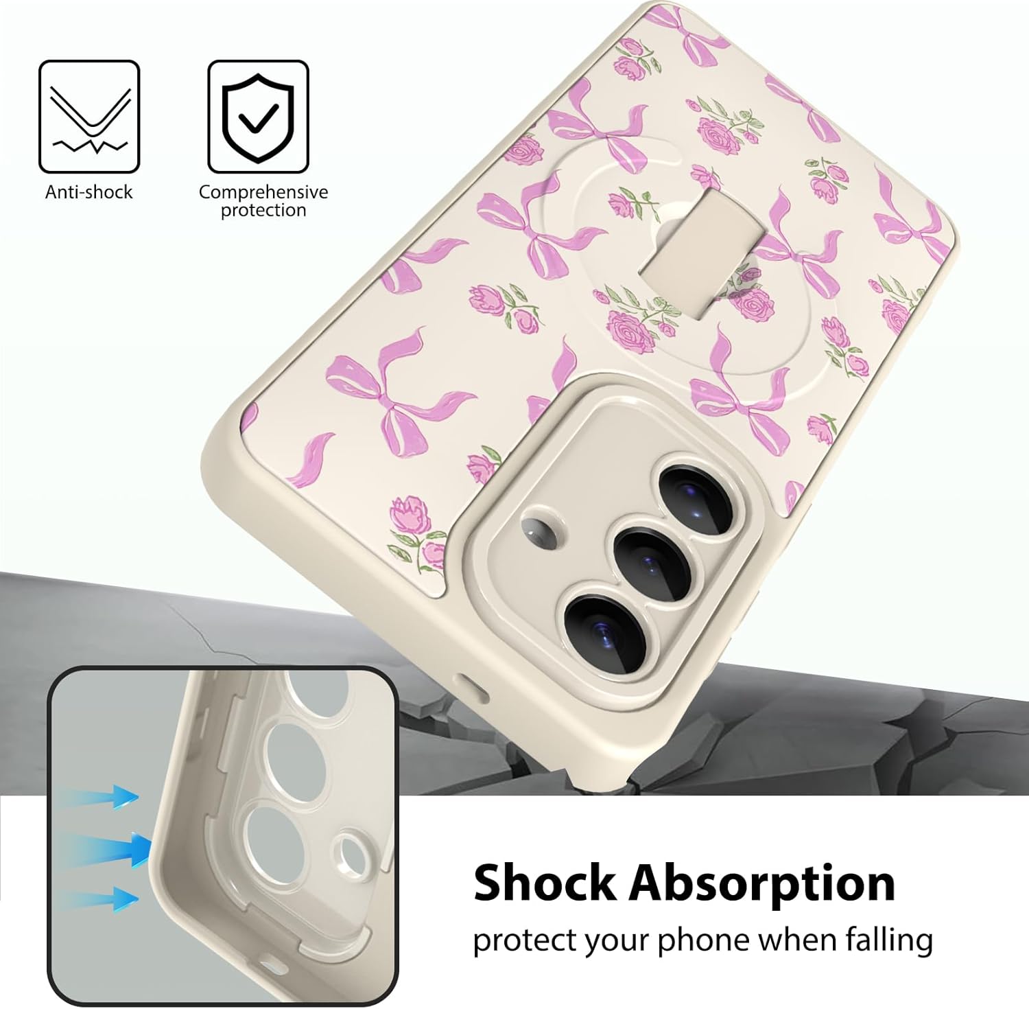 KANGHAR Galaxy S26 Case Bows Floral Pattern Compatible with Magsafe Cute Flower Wristband Stand Phone Magnetic Cover for Women Girls Men Compatible with Samsung S26 White
