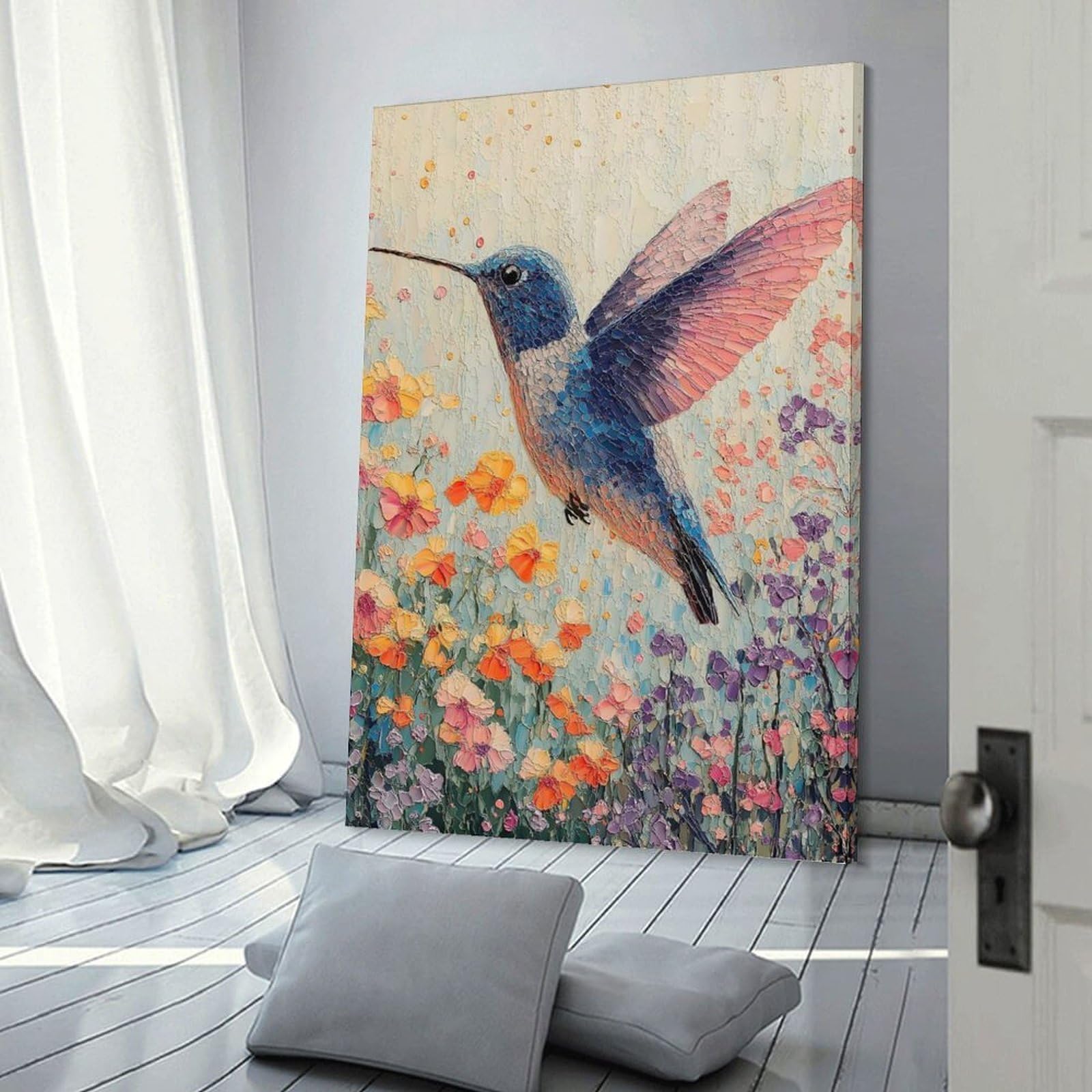 Junmoney Room Decor Wall Art Hummingbird in A Field of Flowers, 12x18inch(30x45cm), for Workspace Walls, Study Corners Or Bedrooms, A Smart Decor Choice for Study Walls