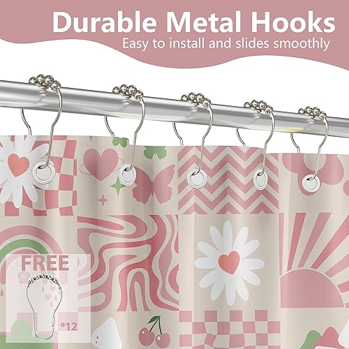 Miniatura 6 de Bonita cortina de ducha rosa Y2k Preppy Kawaii para niñas, decoración de baño a cuadros, tela impermeable con ganchos, 70 pulgadas de ancho x 72