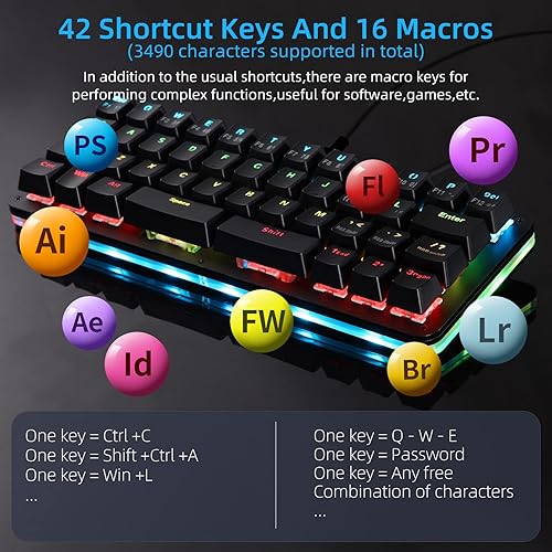 Miniatura 3 de Koolertron Teclado de juegos Macaro de 42 teclas 40% - Teclado mecánico compacto retroiluminado RGB, teclado mini programable USB-C intercambiable