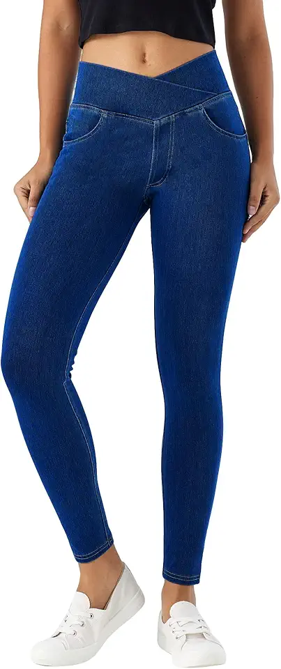 Calça jeans feminina skinny V Crossover cintura alta com controle de barriga, leggings de fitness casuais, calças de ioga de alta elasticidade