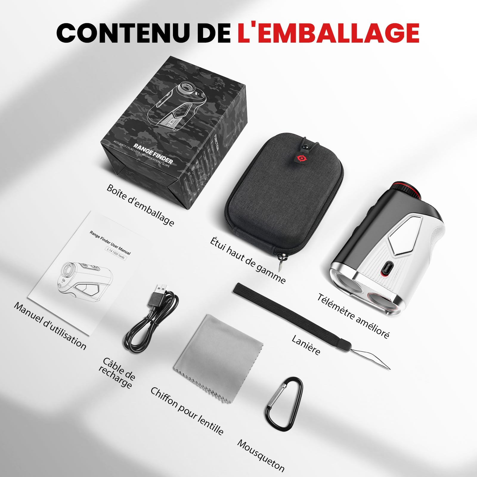 Télémètre de golf avec pente marche/arrêt, 1 374 m, grossissement 7x, haute précision, pour golf/chasse, verrouillage de drapeau avec vibration, télémètre de golf portable, rechargeable