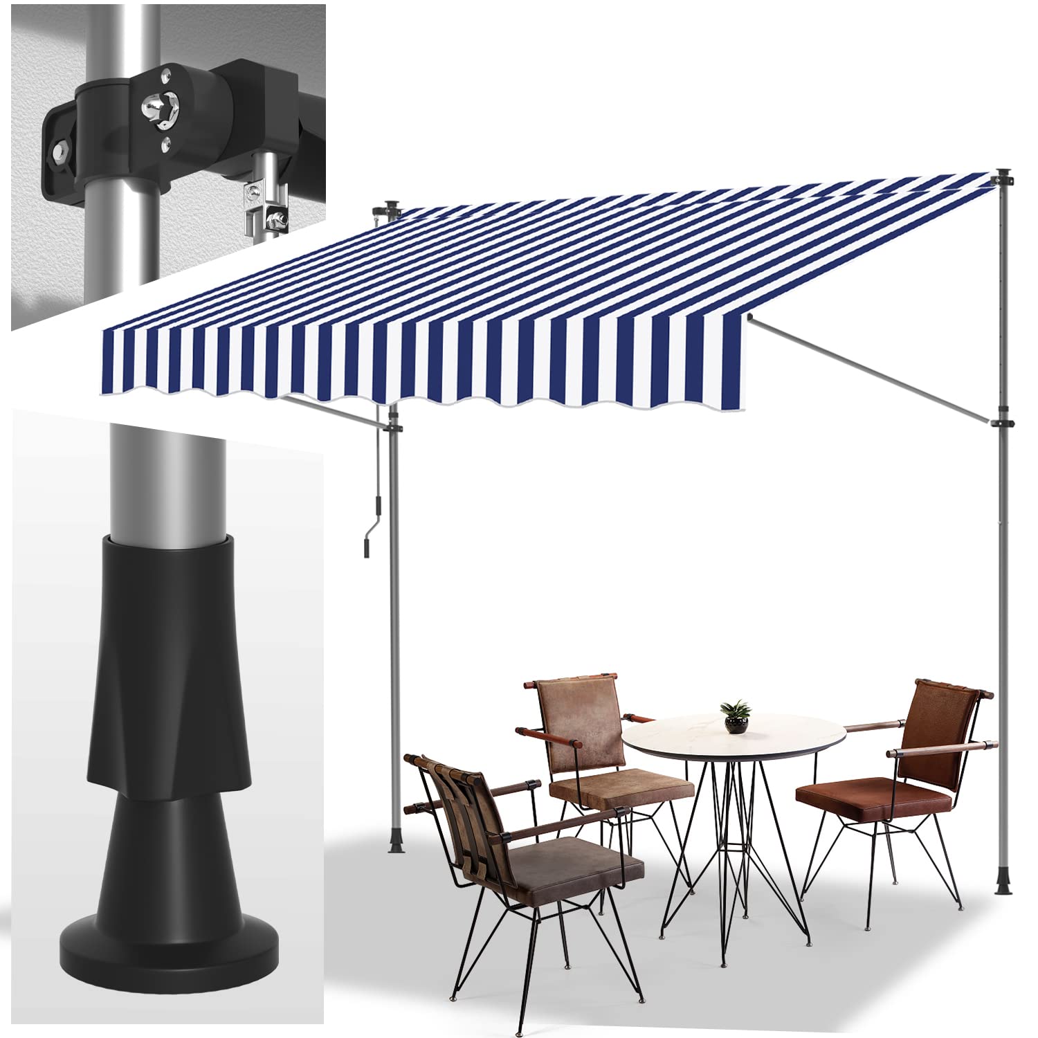 Klemmmarkise 200x120cm Blauweiß mit Handkurbel Balkon, Joparri Balkonmarkise ohne Bohren, Markise UV-beständig & höhenverstellbar 211.5-305cm, Sonnenschutz wasserdicht