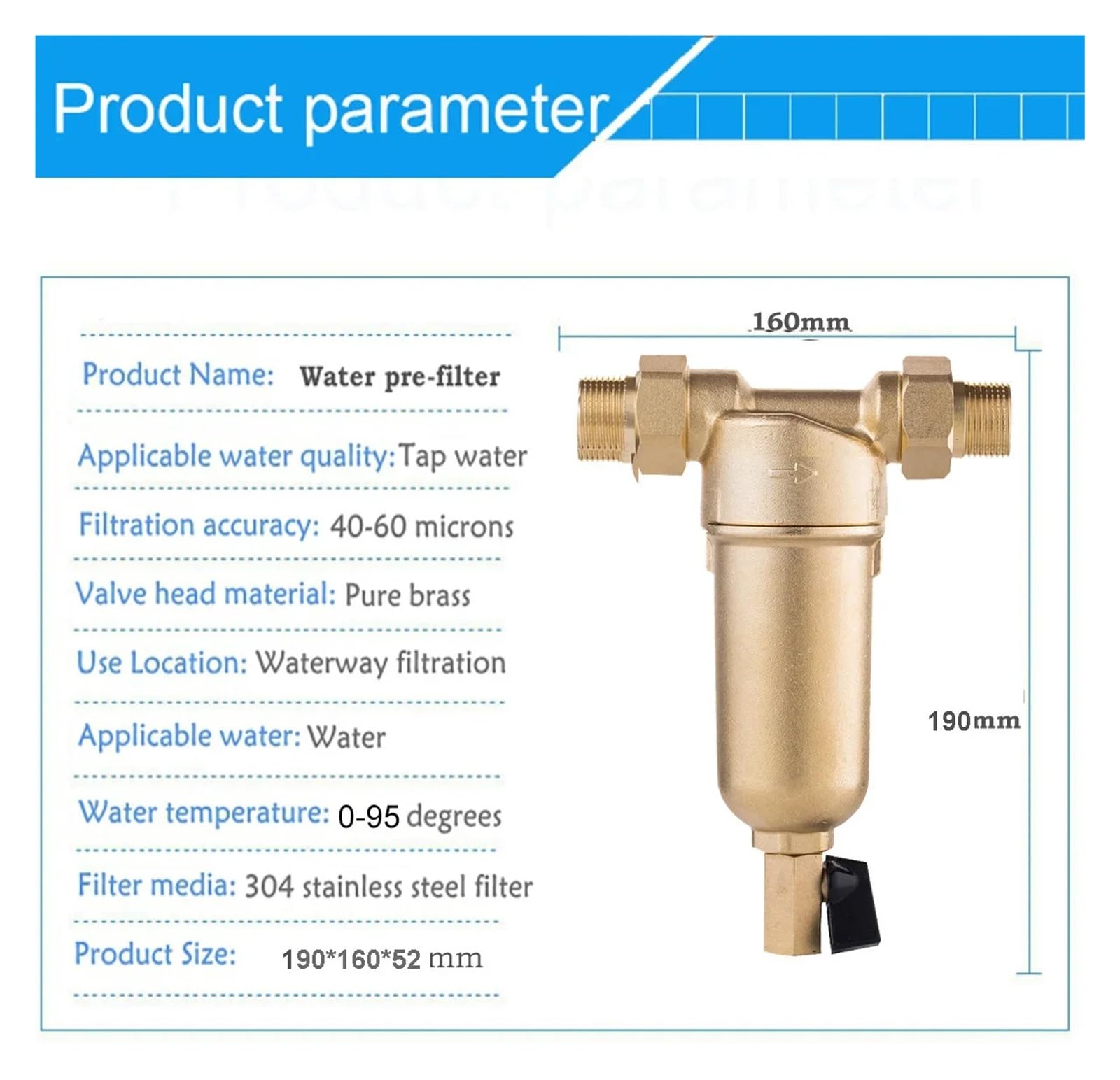 Prefiltro acqua calda in ottone completo con manometro rete acciaio inossidabile 20M filtrazione ad alta efficienza
