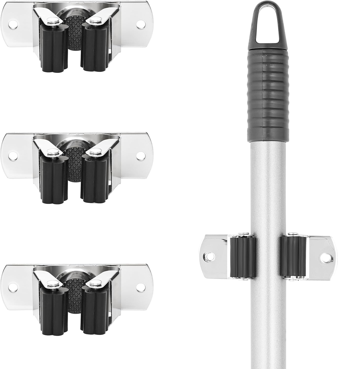 Superio Mop and Broom Holder, Set of 4 Single Piece Hooks, Stainless