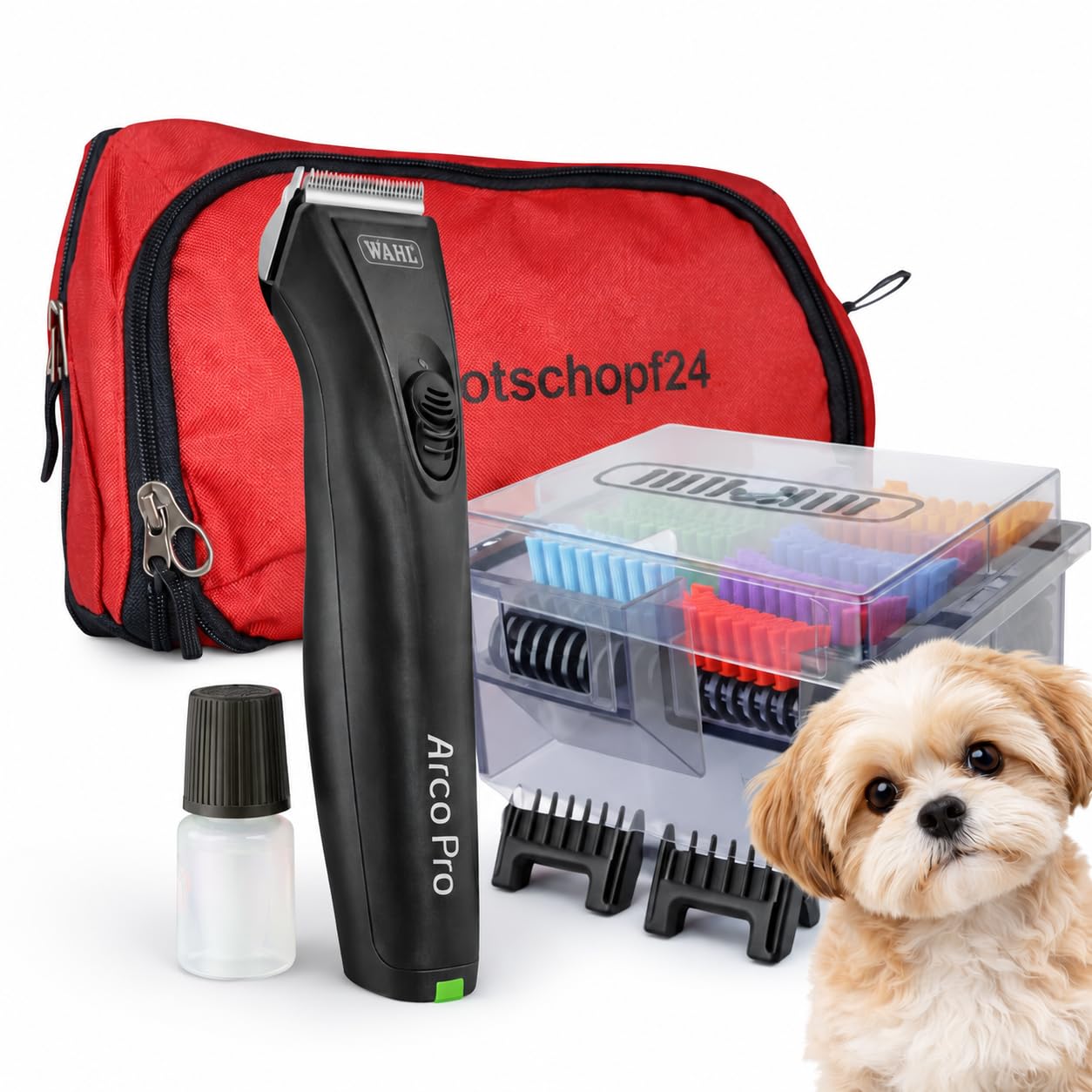 Rotschopf24 Edition Arco Pro Akku Hunde Schermaschine, 8 Aufsätze + Tasche | Leise Akku-Hundeschermaschine mit automatischer Drehzahlregelung, XL-Akku und 8 Metall-Aufsteckkämmen.