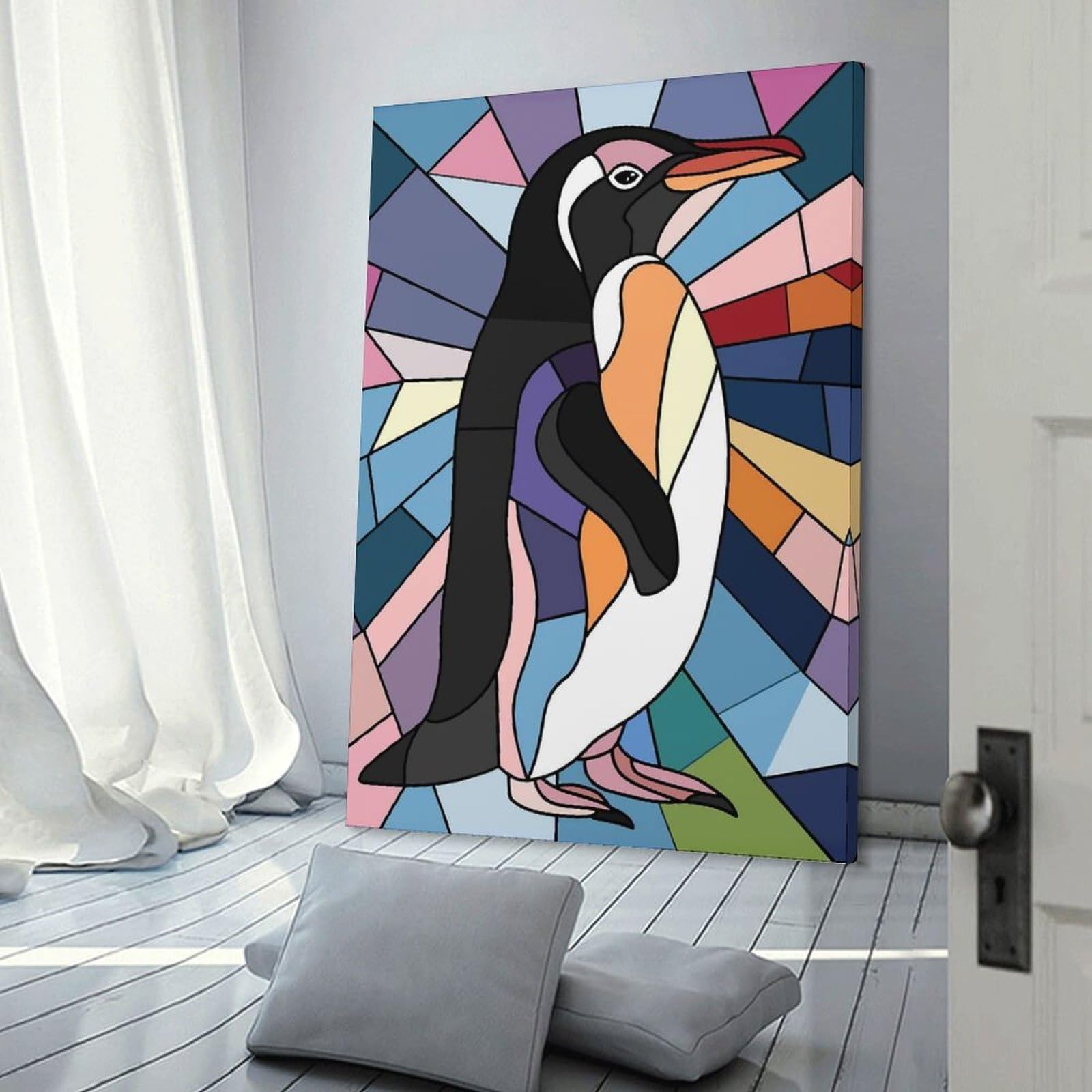 Junmoney Stained Glass Penguins Canvas Art Print 20x30inch(50x75cm), for Bedroom Decor, Cosy Corners Or Studios, An Easy Wall Refresh for Bedrooms