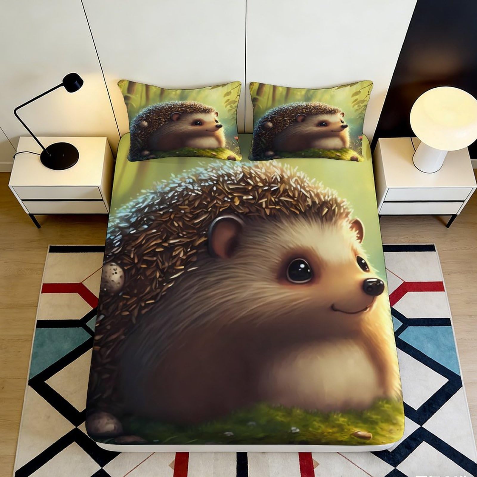 3D Printed Cute Hedgehog Fitted Sheet Microfiber Soft Durable Green Forest Bed Cover for Bedroom Dormitory Guest Room Mattress Protection Decor 200x200x25cm