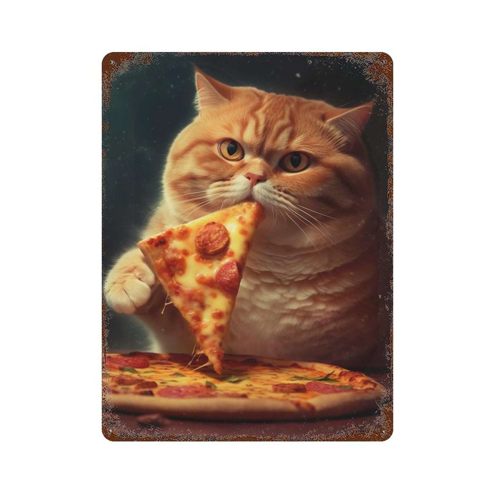 Distressed Metal Wall Sign with Pizza Eating Cat Design 15.7"x11.8", for Farmhouse, Kitchen And Entryway Decor, Old School Wall Decor
