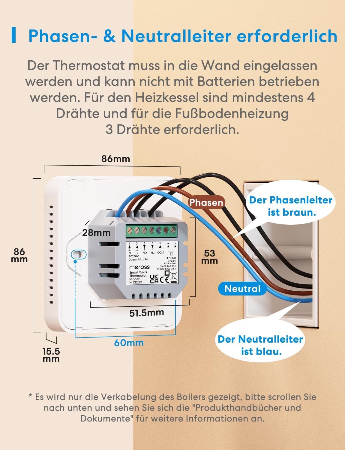 Wiring diagram for Meross MTS200BHK thermostat showing phase and neutral connections
