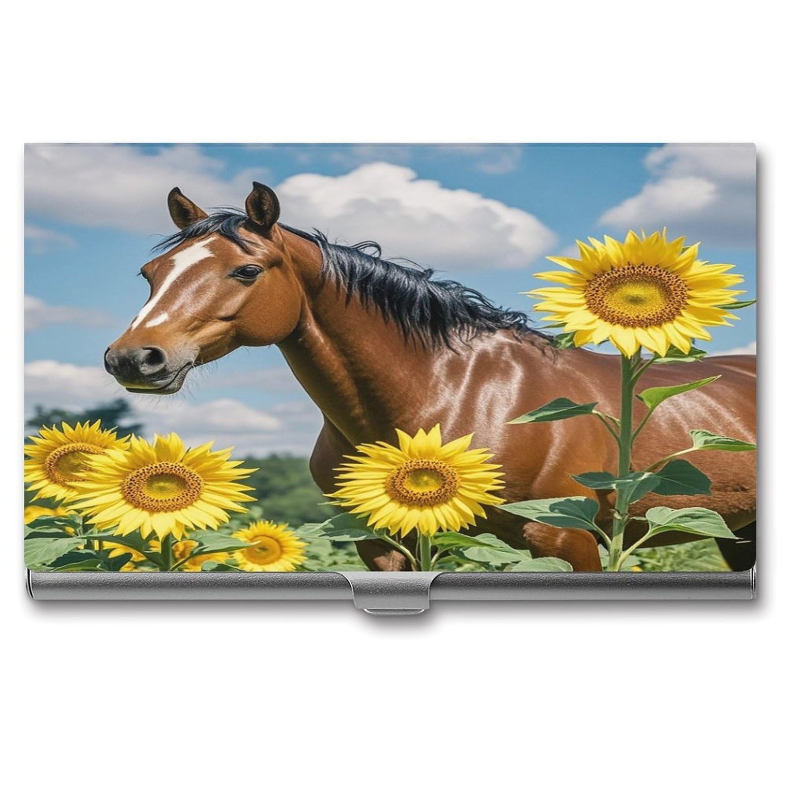FekiLoot Horse And Sunflower Business Card Holder Aluminum Alloy Business Card Case Convenient to Carry Business Card Dispenser for Men Women