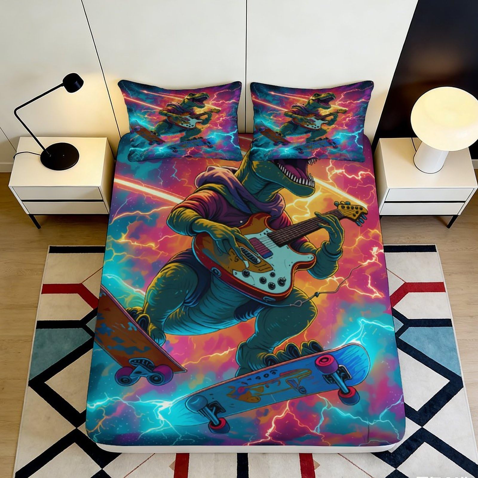 3D Printed Electric Dinosaur Fitted Sheet Microfiber Soft Breathable Neon Lightning Bed Cover for Bedroom Dormitory Guest Room Mattress Protection 180x200x25cm