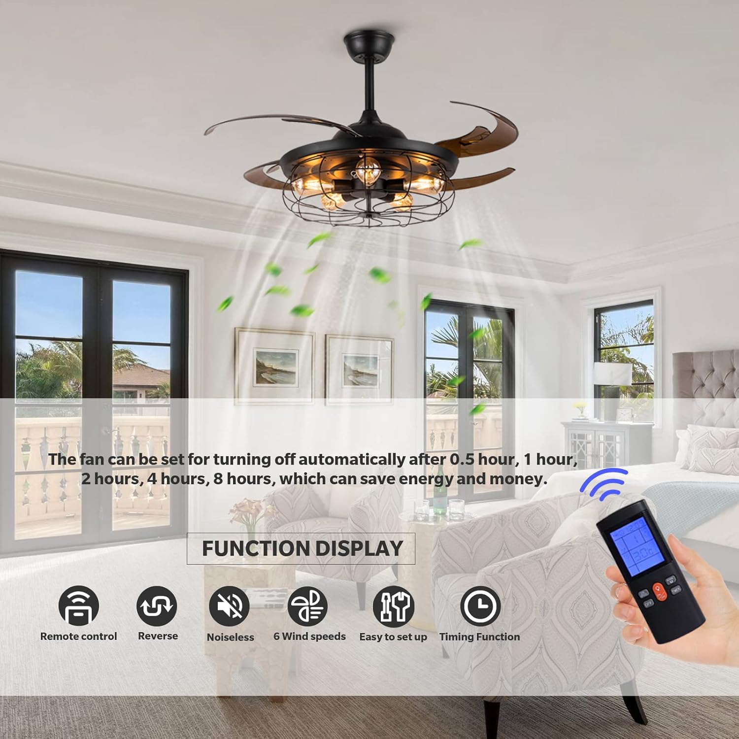 Flаѕh Dеаlѕ - 80% оƒƒ APBEAMLighting Industrial Ceiling Fan with Light Retractable Vintage Fan Fandelier Black Caged Ceiling Fan Chandelier with Remote Control Reverse Blades for Farmhouse Living Dining Room 48 Inches