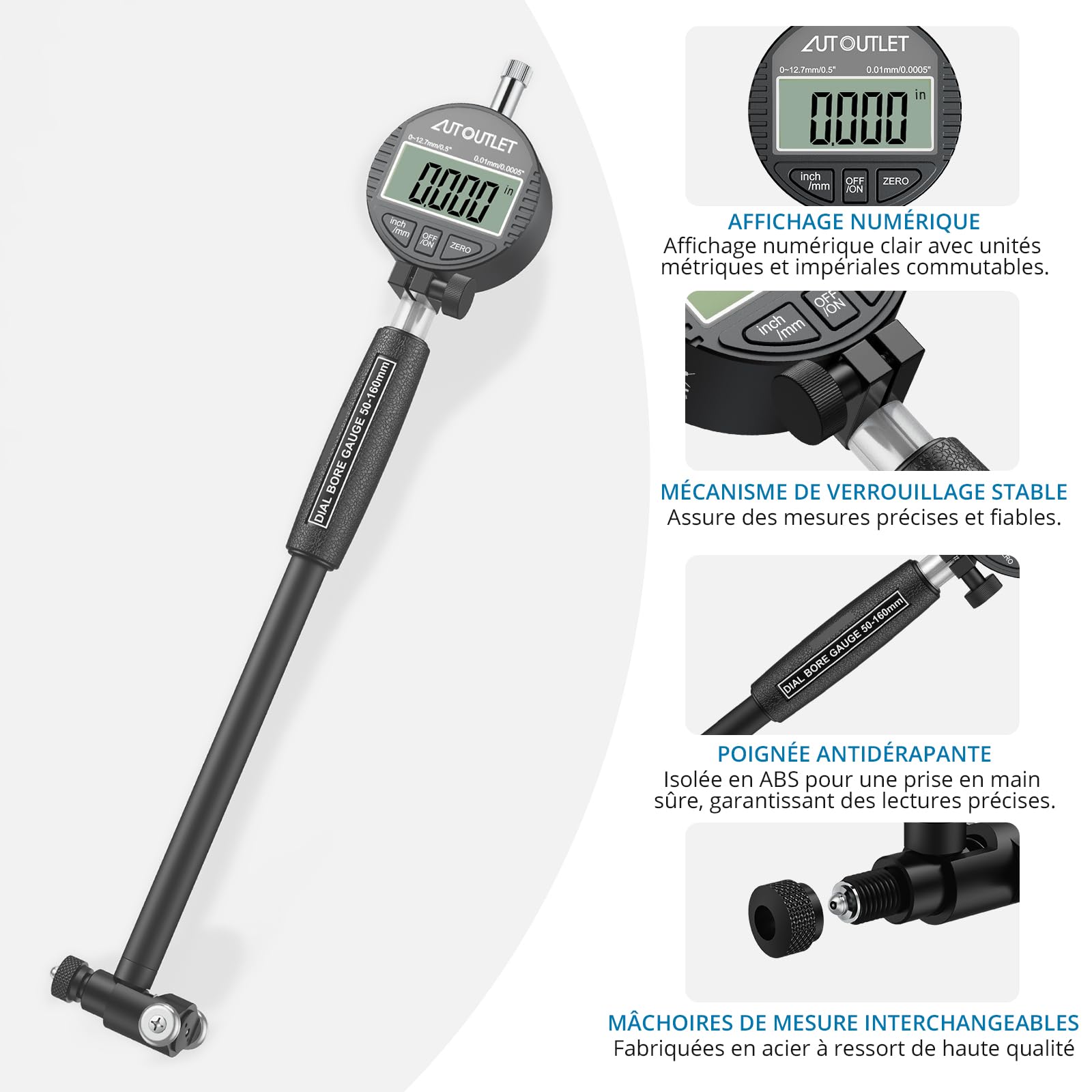 AUTOUTLET Calibrador de Diámetro Interior Digital 50-160mm, Calibrador de Orificios 0.01mm Precisión, Herramienta de Medición Interna de Cilindros con 12 Cabezales Intercambiables y Estuche ABS
