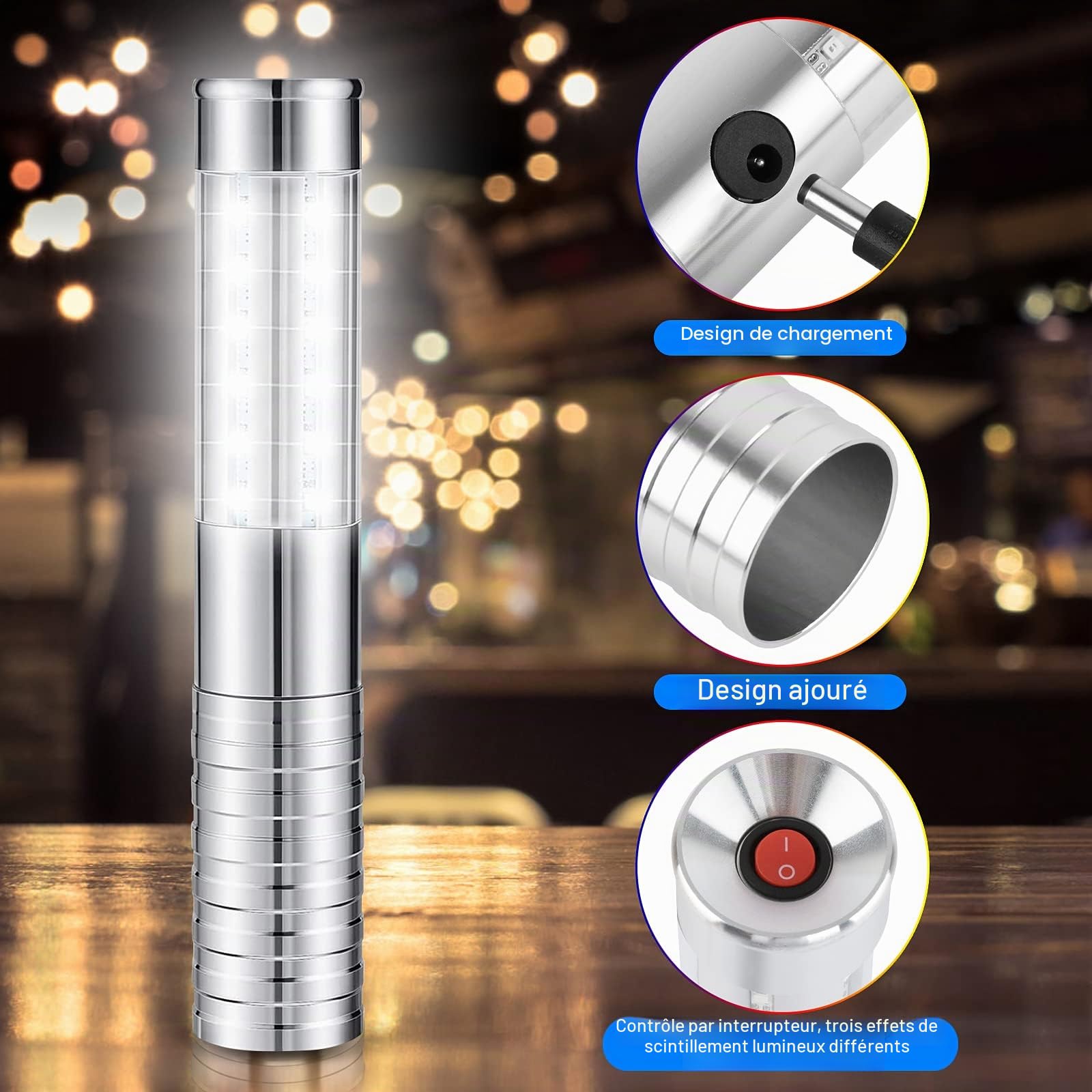 Baton Stroboscopique LED Bâton Lumineux Stroboscopique pour bouteille de champagne - lumière blanche, Réutilisable pour karaoké, bar, boîte de nuit, mariages, fêtes (Argenté 4)