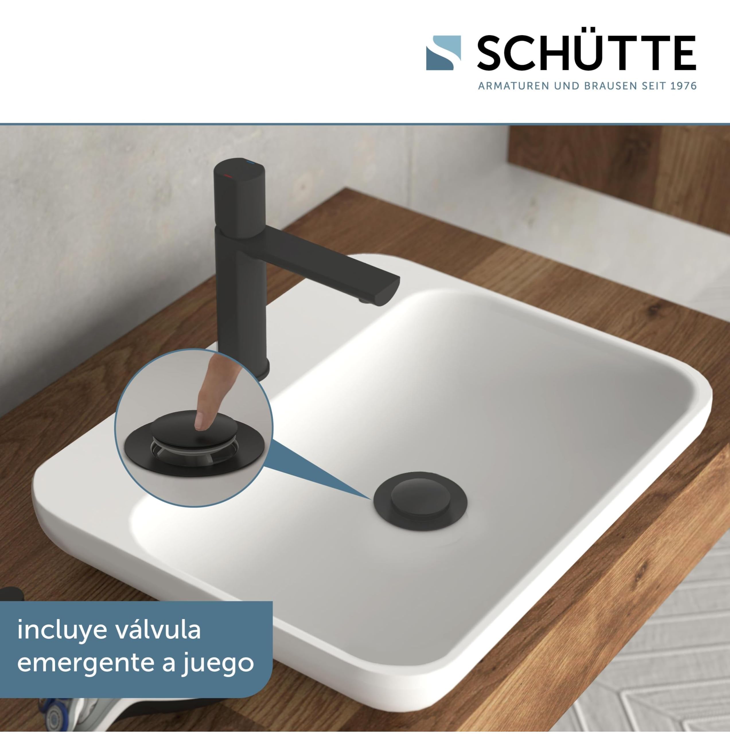Schütte New York 33616 - Grifo mezclador monomando para lavabo con desagüe, grifo mezclador con válvula emergente, grifo de baño, monomando para baño, color negro