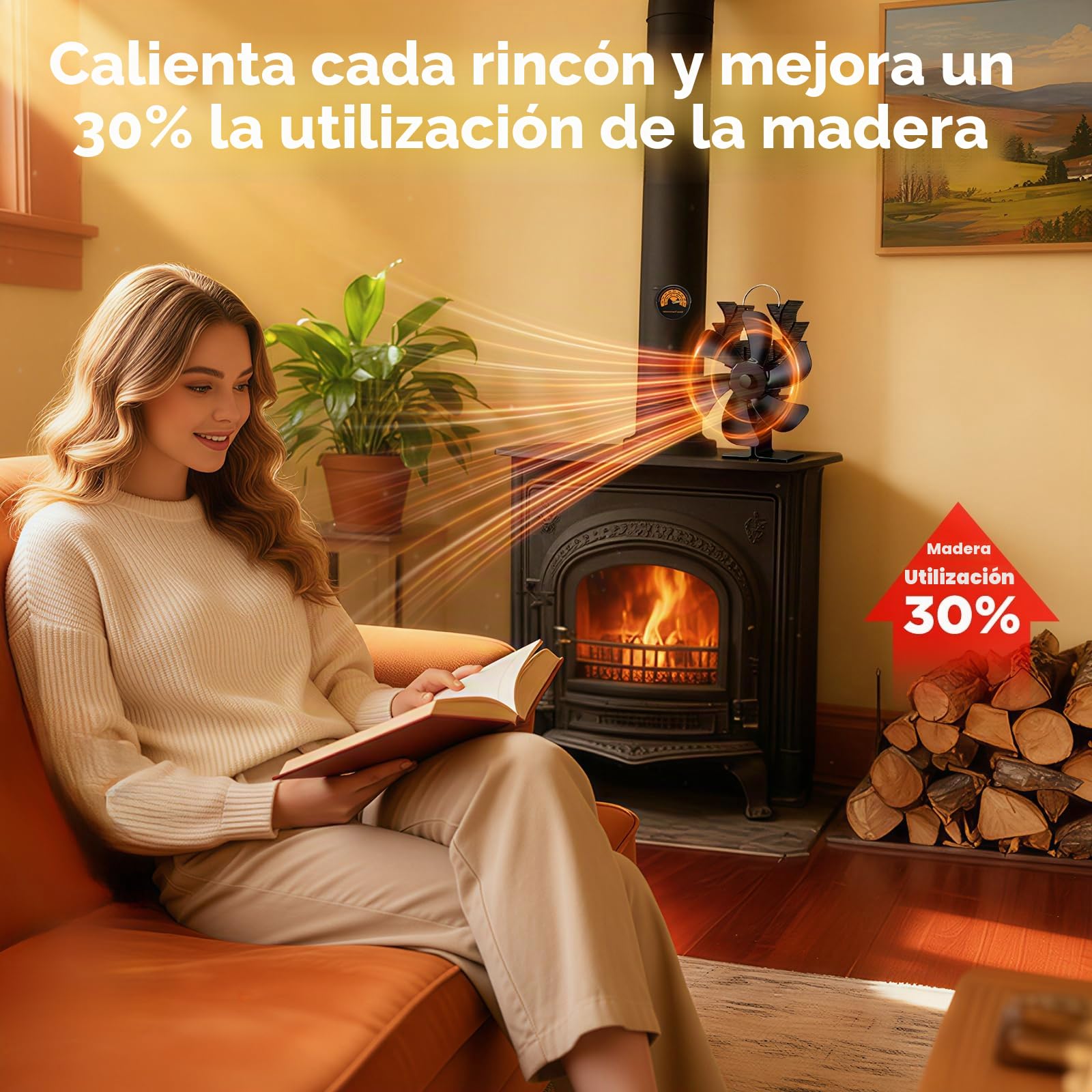 NZQXJXZ Ventilador Estufa Leña 6 Aspas con Termómetro, Alimentado por Calor y Silencioso, Circulación Eficiente de Aire para Chimenea, Estufa de Leña y Hogar, Accesorio de Calefacción